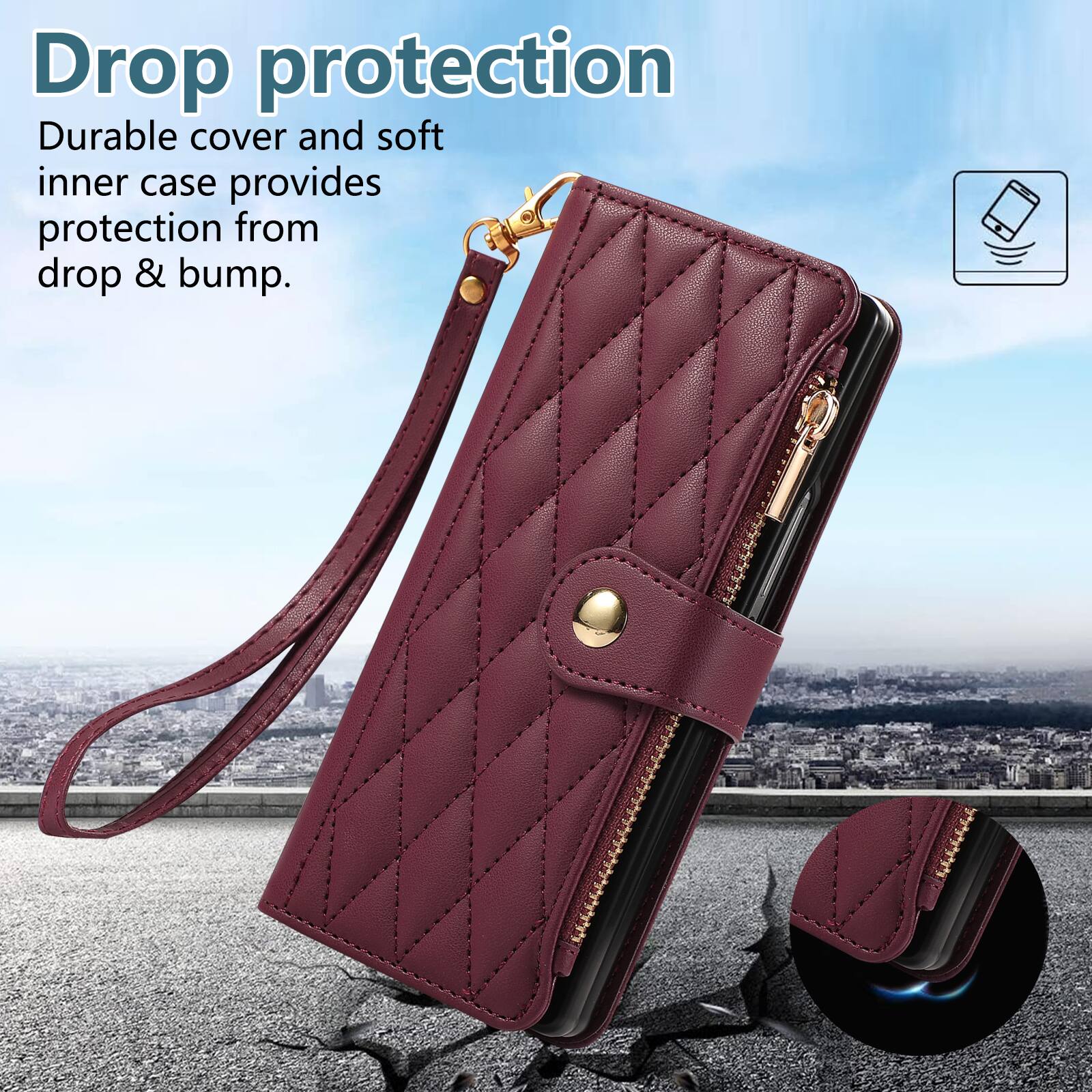 Drop protection  
Durable cover and soft inner case provides protection from drop & bump.