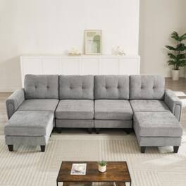 LUCKY ONE - 115" U-Shaped Modular Sectional Sofa w/ 2 Movable Ottomans USB Ports Side Tables - Gray
