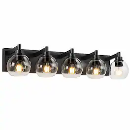 RYHNUYNE - Modern 5-Light Black Vanity Light with Clear Globe Shades for Bathroom Mirror, Wall Sconce Fixture, Dimmable E26 Sockets