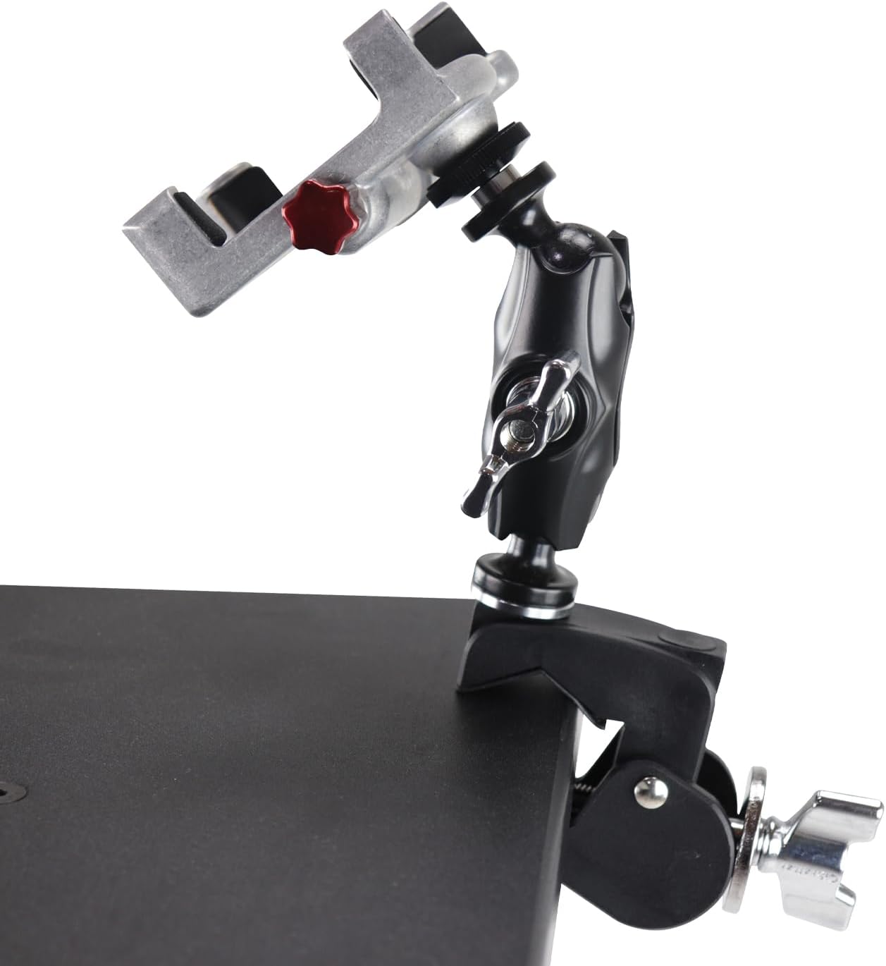 Angle. Gibraltar Hardware - Dual Adjust Metal Smartphone Holder, 360° Adjustment in Landscape and Portrait Orientation, with Heavy Duty C Clamp - Black.