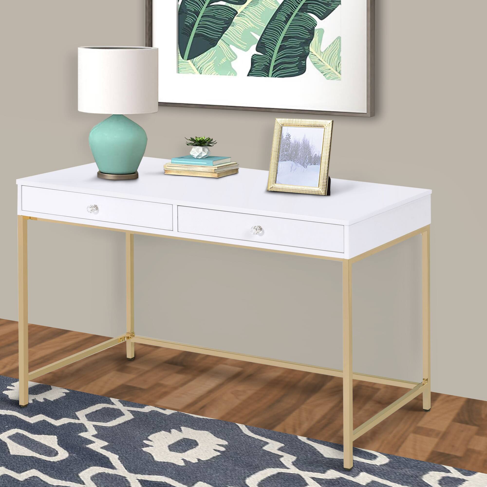 Alt View 2. Manhattan Lane - Two Drawers Wooden Desk with Tubular Metal Base, White and Gold - White and Gold.