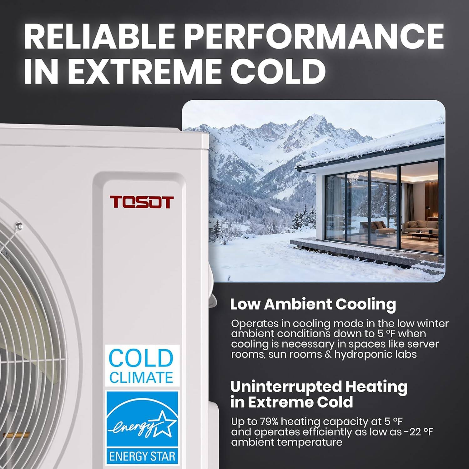 RELIABLE PERFORMANCE IN EXTREME COLD

TOSOT

COLD CLIMATE energy ENERGY STAR

Low Ambient Cooling
Operates in cooling mode in the low winter ambient conditions down to 5°F when cooling is necessary in spaces like server rooms, sun rooms & hydroponic labs

Uninterrupted Heating in Extreme Cold
Up to 79% heating capacity at 5°F and operates efficiently as low as -22°F ambient temperature