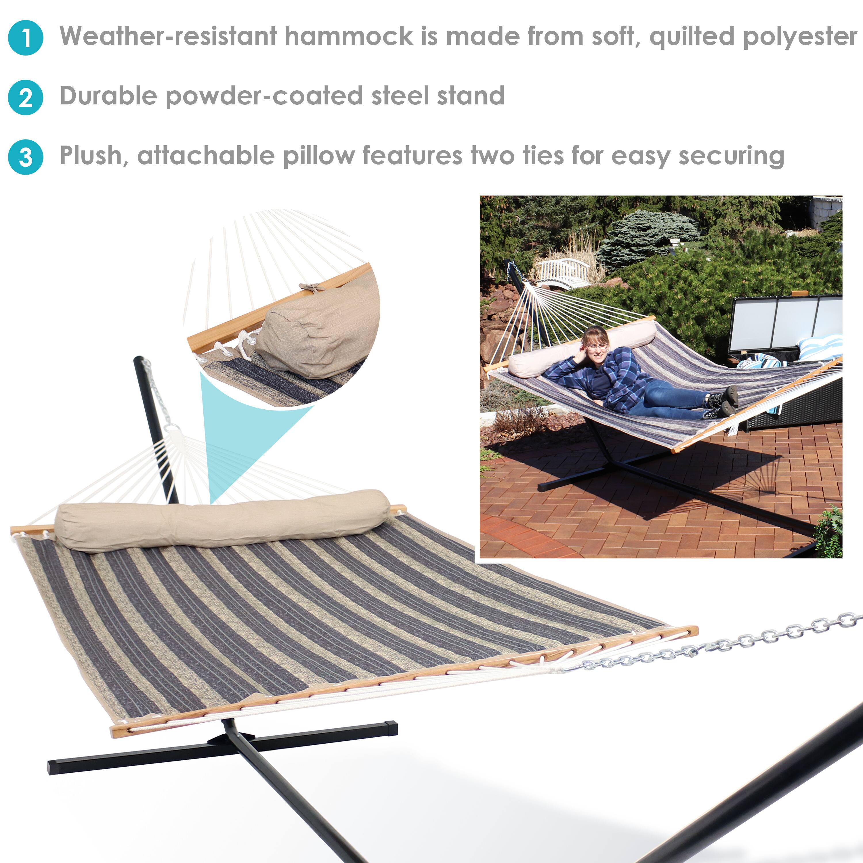1. Weather-resistant hammock is made from soft, quilted polyester  
2. Durable powder-coated steel stand  
3. Plush, attachable pillow features two ties for easy securing