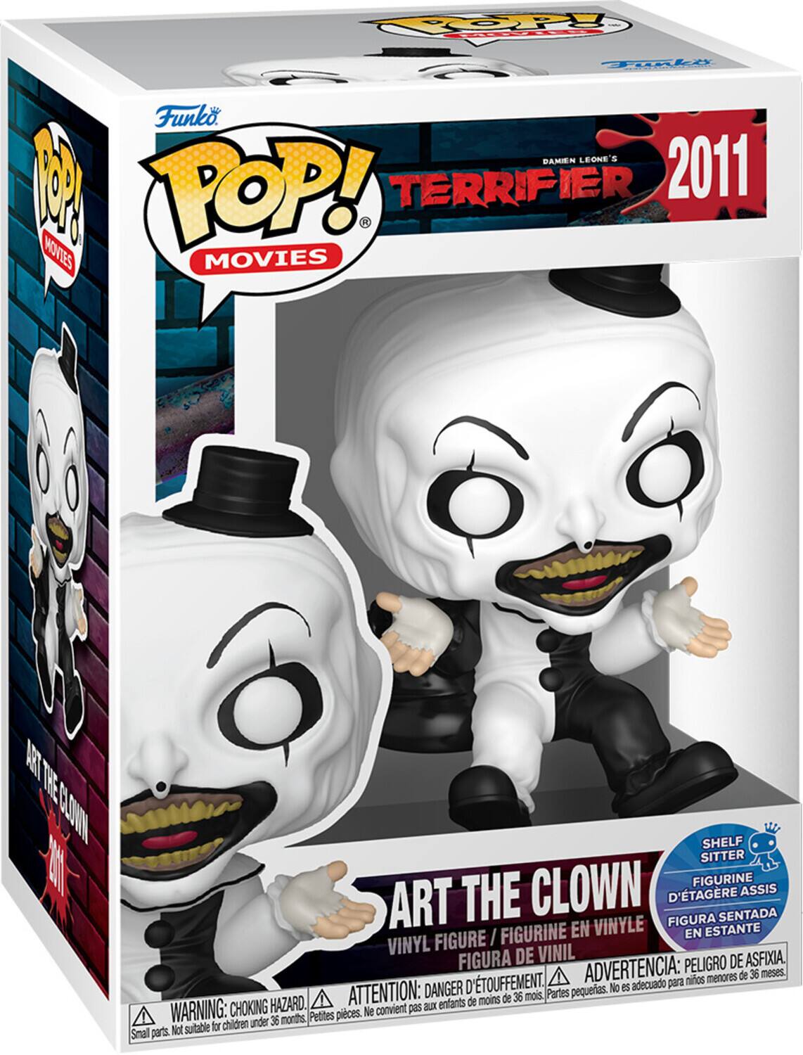 Funko POP! Movies Damien Leone's Terrifier 2011 Art the Clown Vinyl Figure / Figurine en Vinyle / Figura de Vinil. Shelf Sitter / Figurine d'Étagère Assis / Figura Sentada en Estante. Advertencia: Peligro de Asfixia. Attention: Danger d'Étouffement. Warning: Choking Hazard. Small parts. Not suitable for children under 36 months.