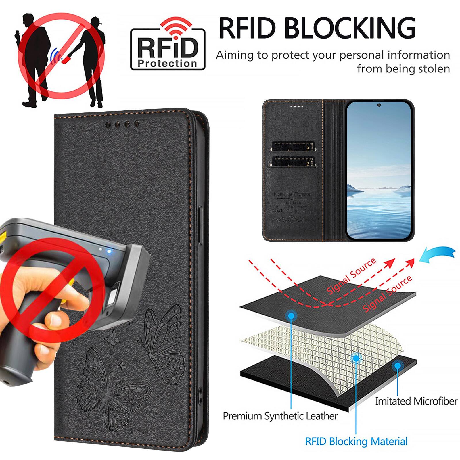 RFID BLOCKING  
Aiming to protect your personal information from being stolen  

RFID Protection  

Premium Synthetic Leather  
Imitated Microfiber  
RFID Blocking Material  

Signal Source  
Signal Source