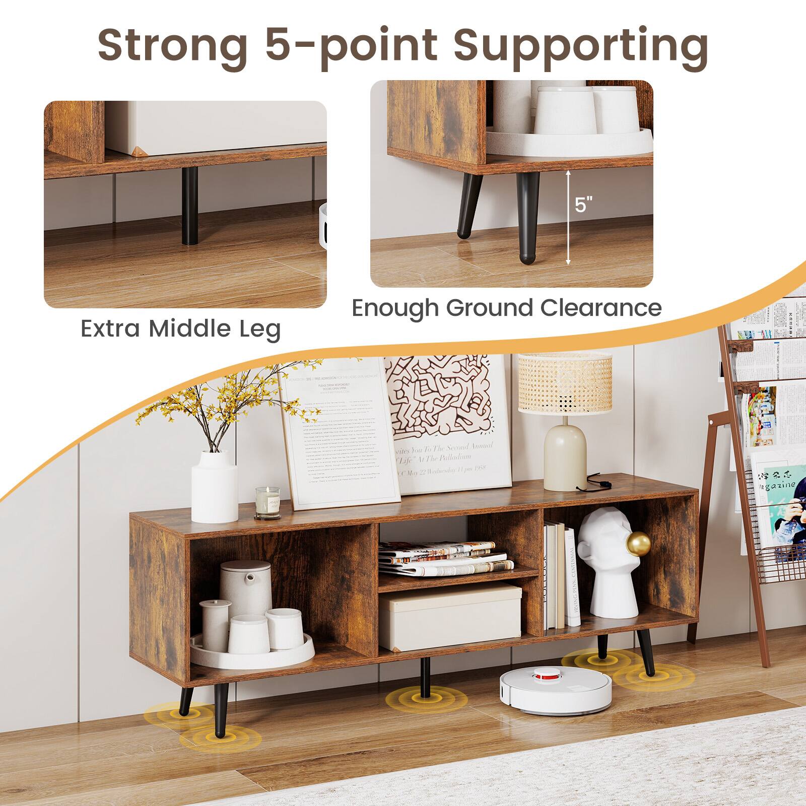 The text on the image reads: "Strong 5-point Supporting 5" Extra Middle Leg Enough Ground Clearance | T Ln e Secoedf Aaneal vd Th Alotom Coum - - TH F M 2 - rgavine."