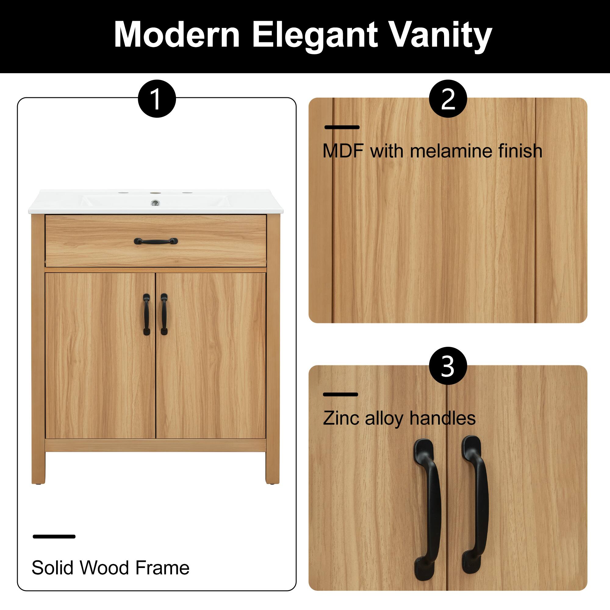 Modern Elegant Vanity

1. Solid Wood Frame
2. MDF with melamine finish
3. Zinc alloy handles