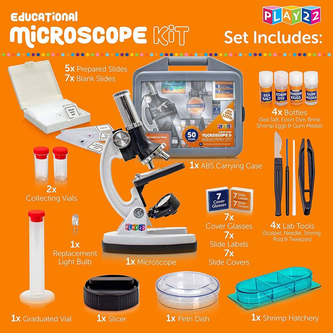 **Educational Microscope Kit**

**Set Includes:**

- 5x Prepared Slides
- 7x Blank Slides
- 2x Collecting Vials
- 1x Replacement Light Bulb
- 1x Graduated Vial
- 1x Slicer
- 1x Petri Dish
- 1x Shrimp Hatchery
- 4x Bottles (Sea Salt, Eosin Dye, Brine Shrimp Eggs & Gum Media)
- 1x ABS Carrying Case
- 7x Cover Glasses
- 7x Slide Labels
- 7x Slide Covers
- 4x Lab Tools (Scalpel, Needle, Stirring Rod & Tweezes)
- 1x Microscope