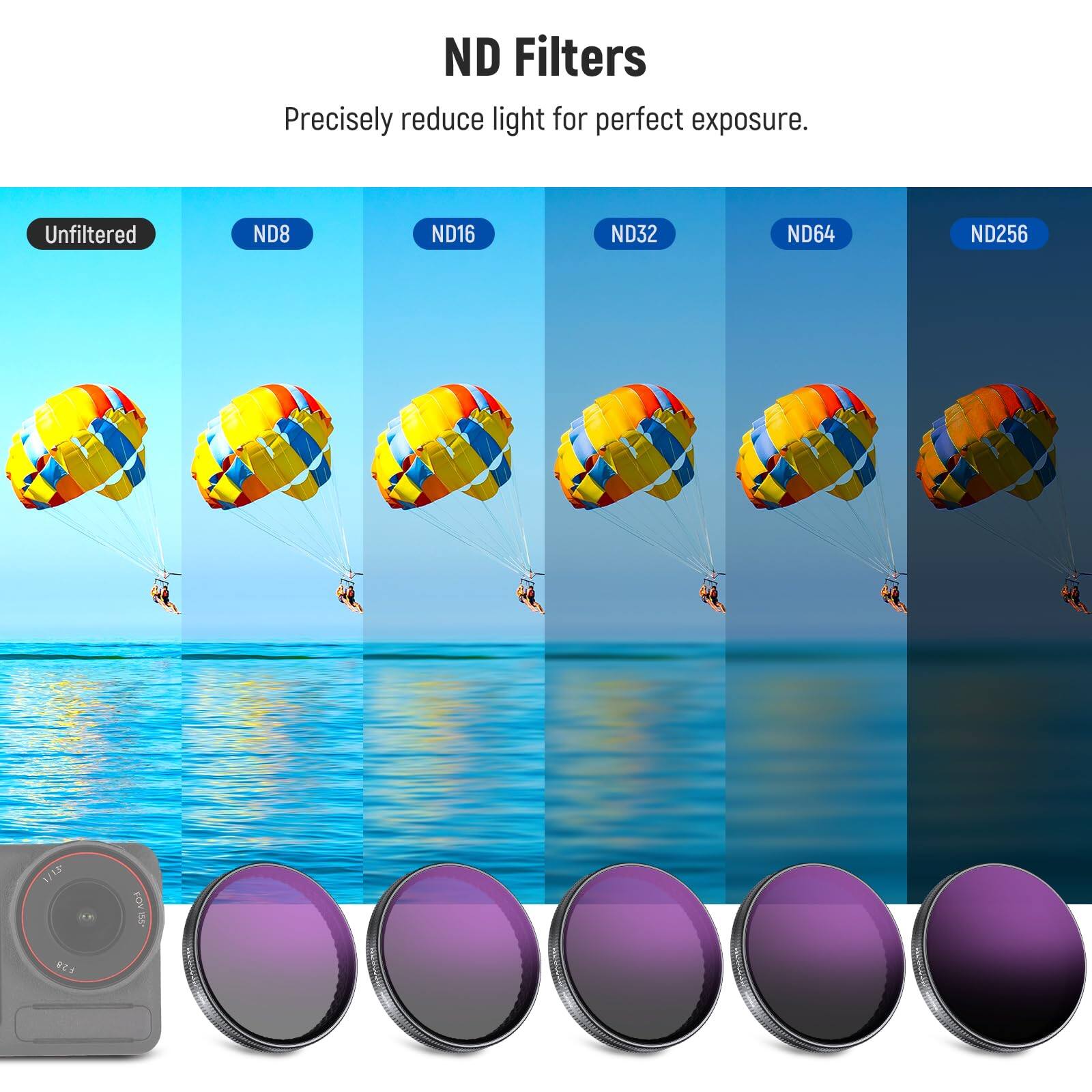 ND Filters  
Precisely reduce light for perfect exposure.  

Unfiltered ND8 ND16 ND32 ND64 ND256