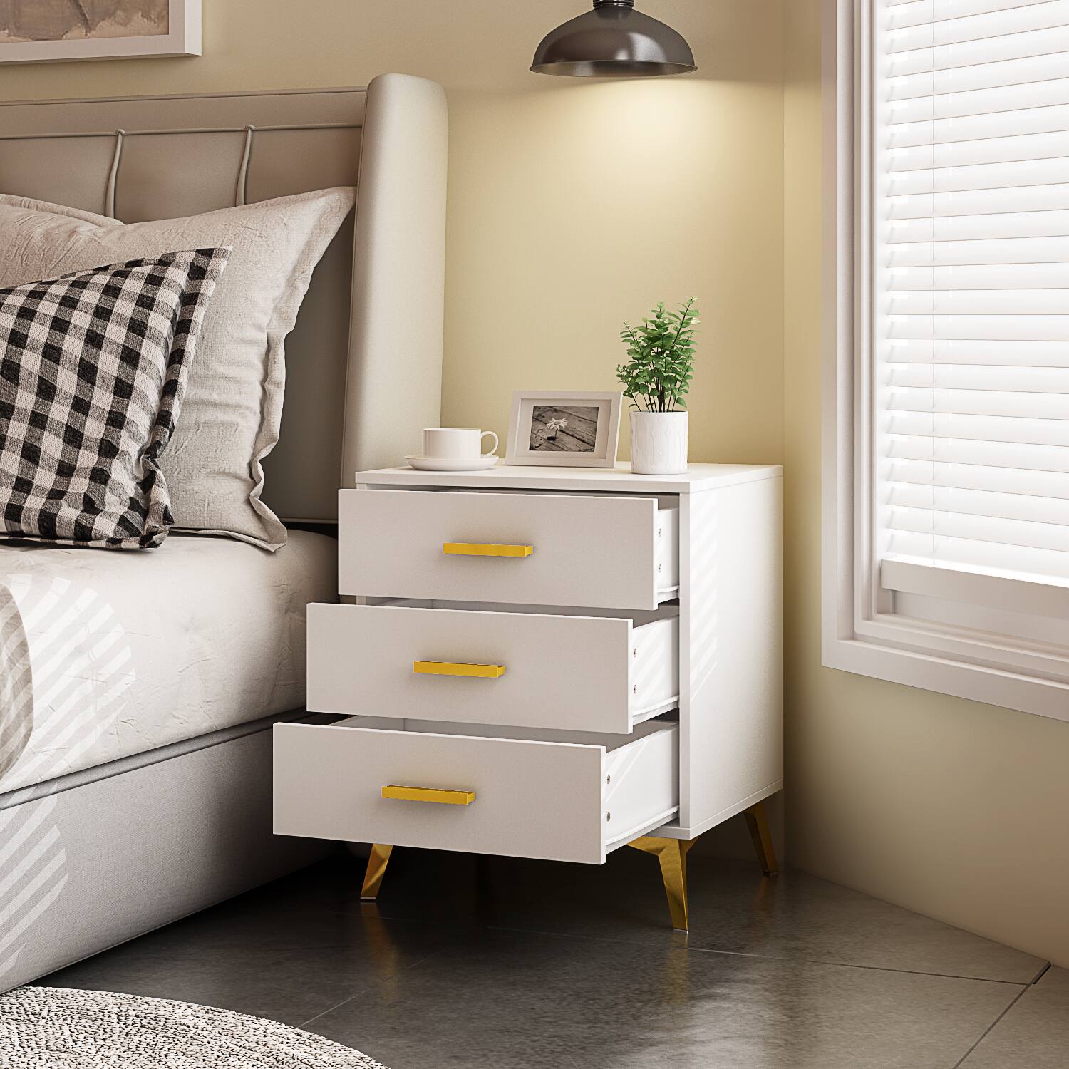 Alt View 7. FUFU & GAGA - FUFU&GAGA 3 - Drawer Nightstand: Gold Accents & Modern Glam - White.