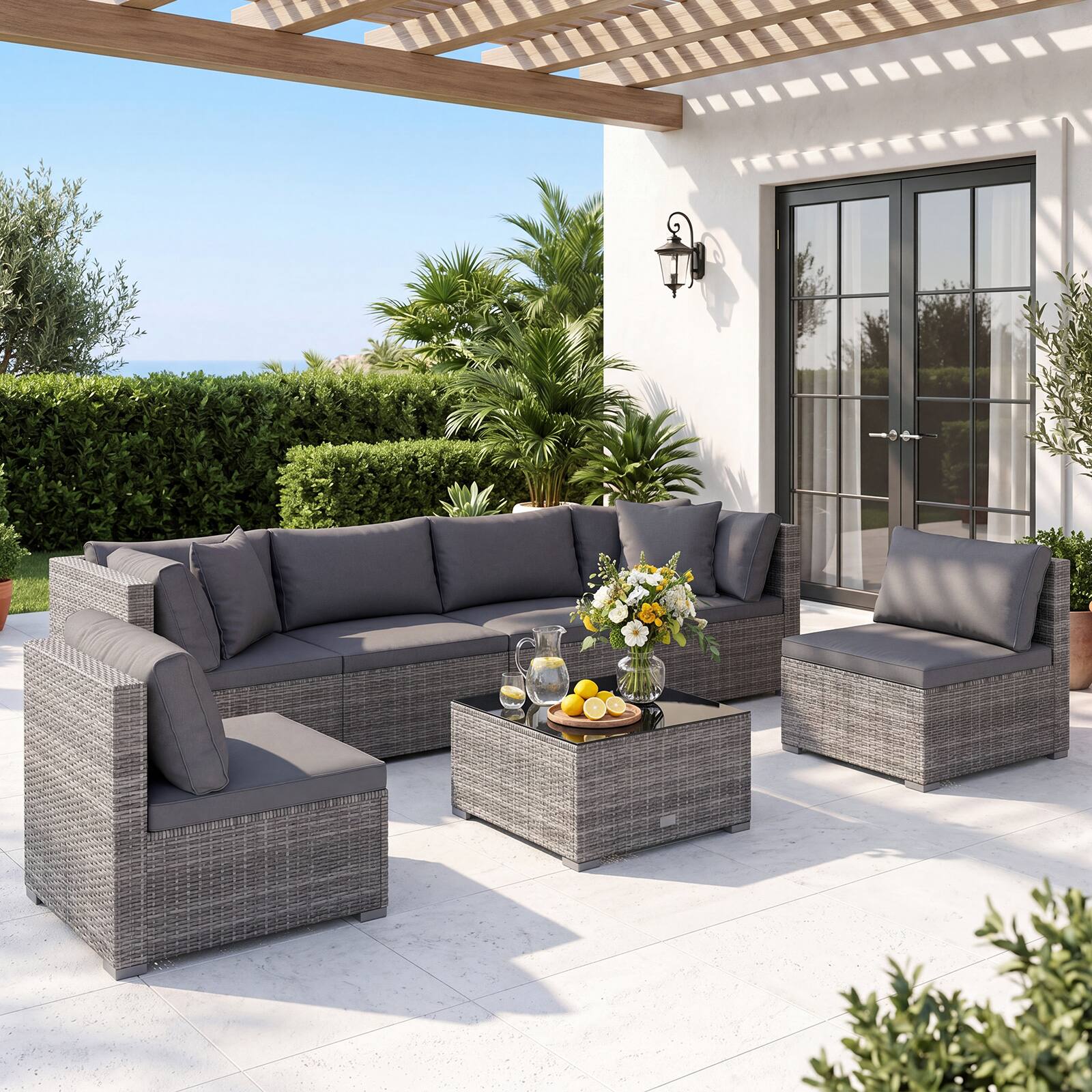 Alt View 4. Costway - 7PCS Patio Rattan Furniture Set Sectional Sofa Cushioned Garden - Gray.