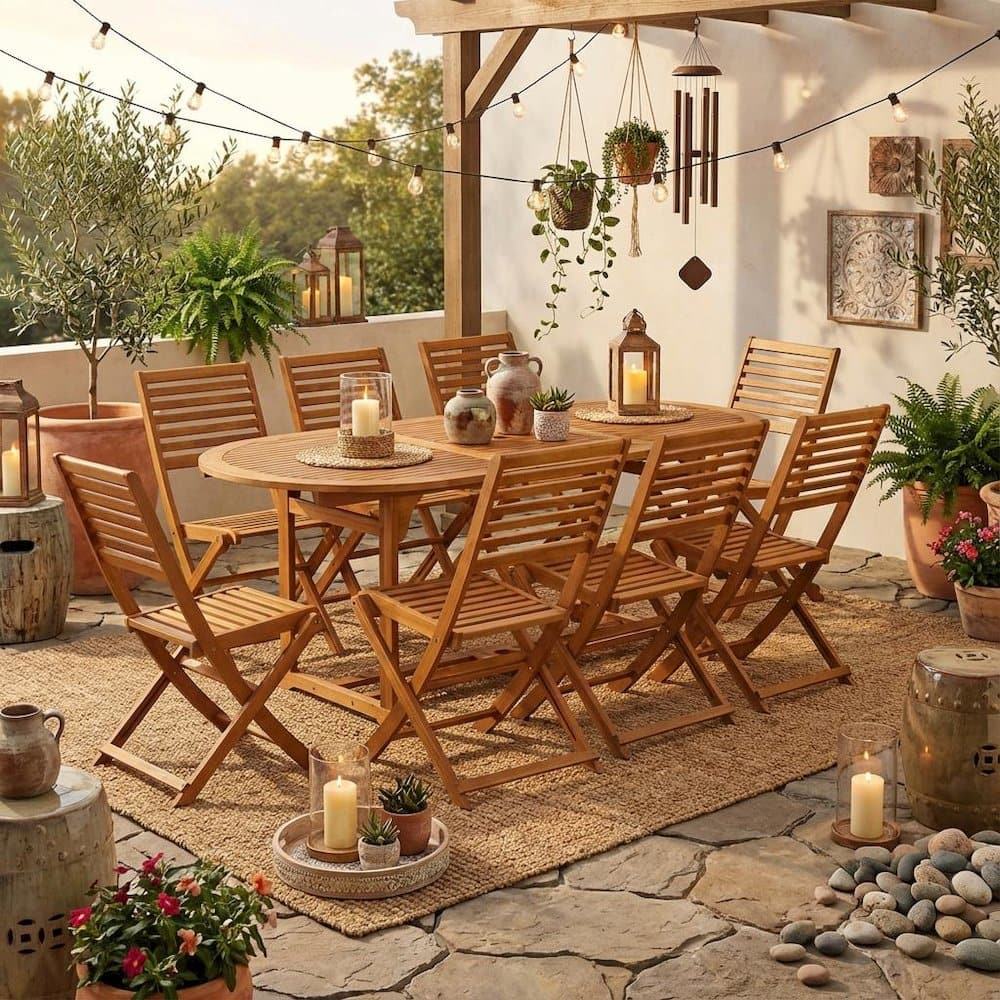 Outdoor Escape - Oil-Finish Wooden Patio Set with Dining Table and 8 Outdoor Chairs - Brown