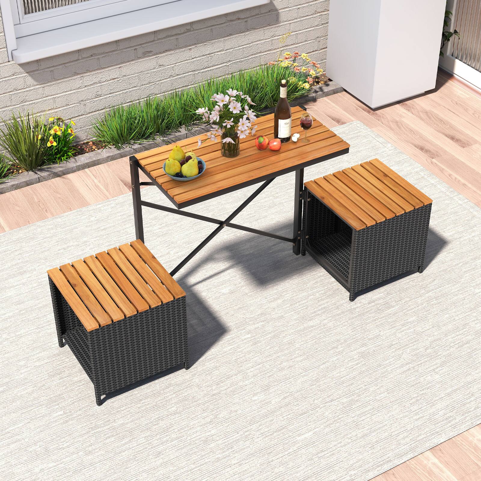 Alt View 4. Gymax - Gymax Outdoor Convertible Bench 2-in-1 Transforming Picnic Table & Chairs Set w/ Storage - Black, Natural.