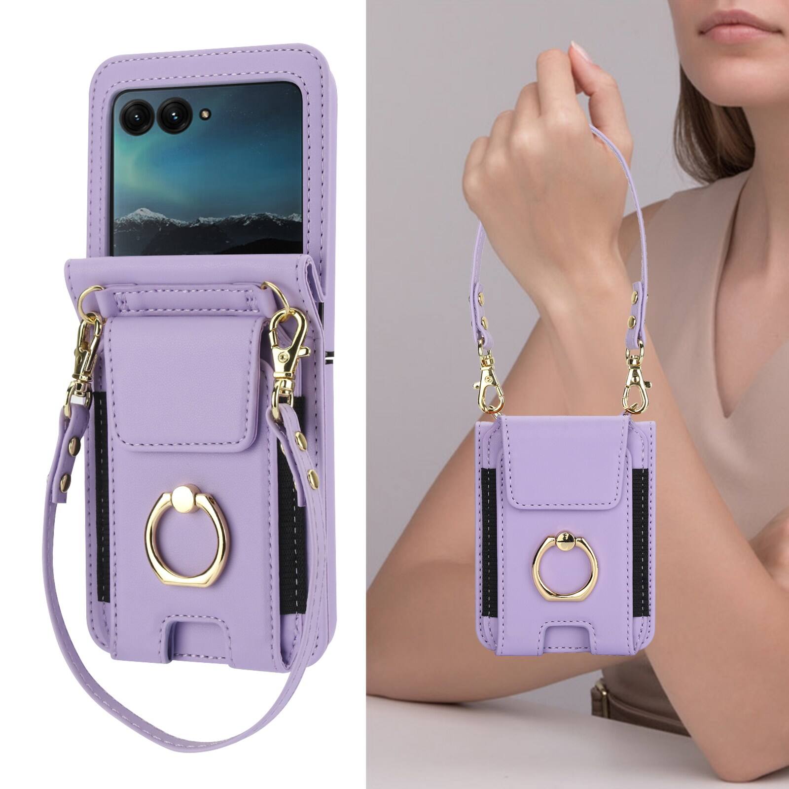 Alt View 2. Dteck - For Motorola Razr (2025) Shockproof Leather Ring Kickstand Protective Wallet Case with Shoulder Strap / Lanyard - Purple.