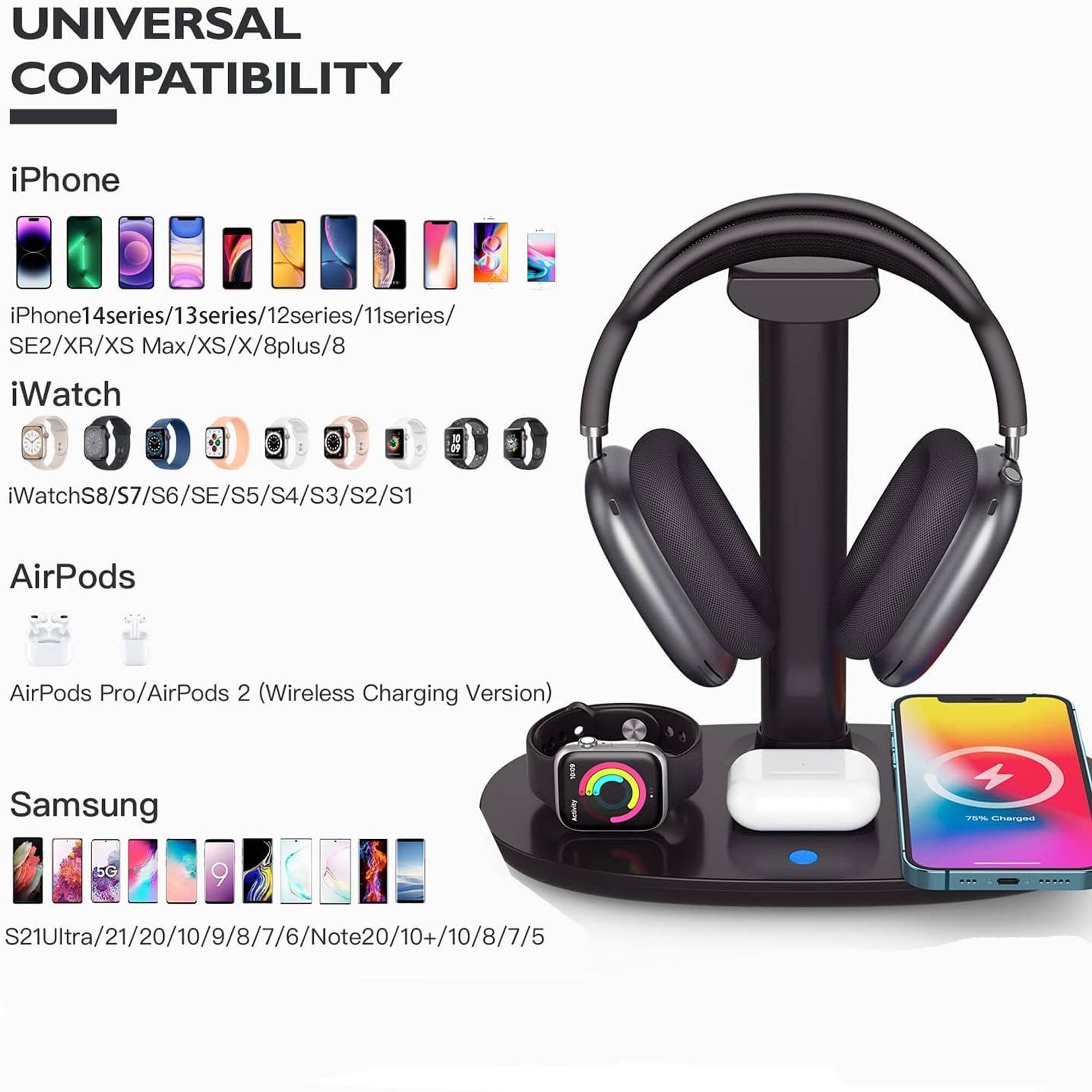 UNIVERSAL COMPATIBILITY

iPhone
iPhone14series/13series/12series/11series/SE2/XR/XS Max/XS/X/8plus/8

iWatch
iWatchS8/S7/S6/SE/S5/S4/S3/S2/S1

AirPods
AirPods Pro/AirPods 2 (Wireless Charging Version)

Samsung
S21Ultra/21/20/10/9/8/7/6/Note20/10+/10/8/7/5
