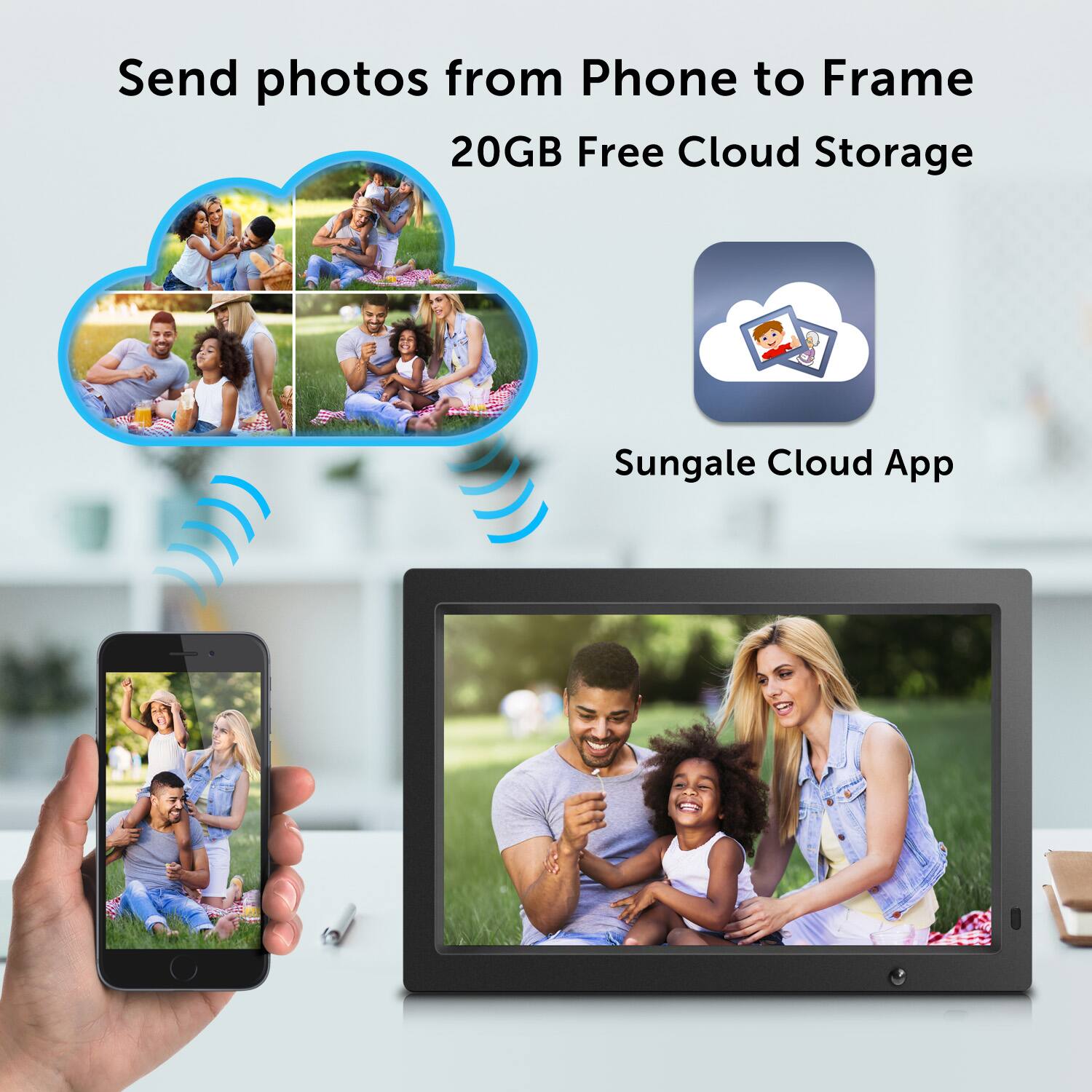 Send photos from Phone to Frame  
20GB Free Cloud Storage  

Sungale Cloud App