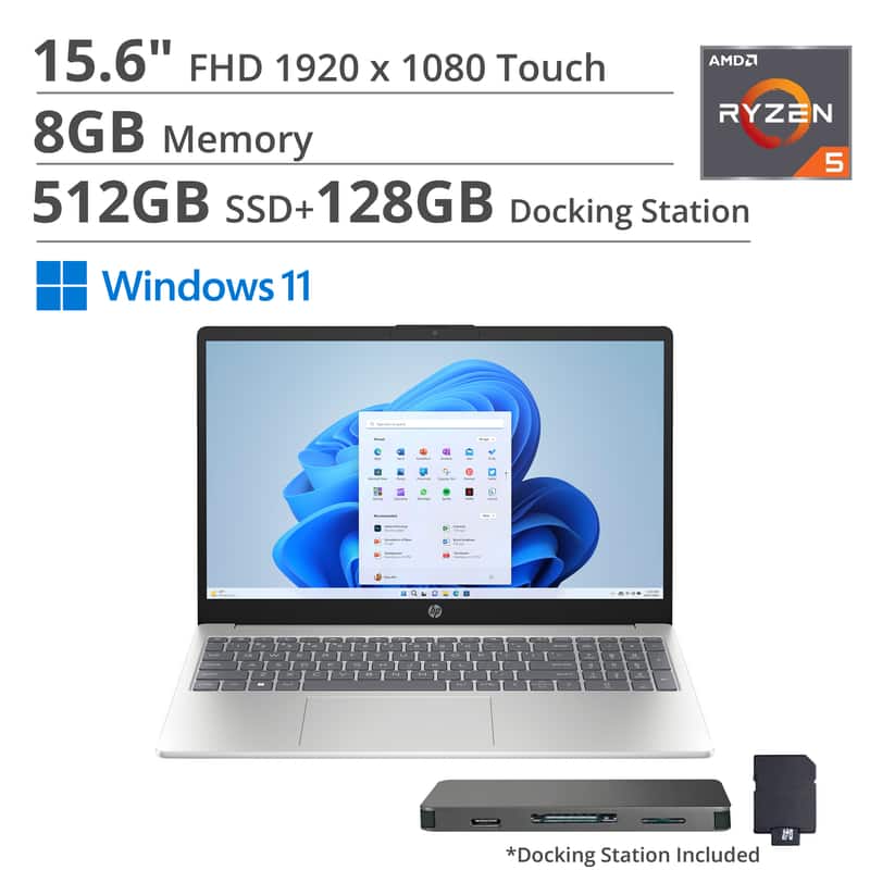 HP - 15.6" FHD Touch Laptop,AMD Ryzen 5 7520U,Intel UHD Graphics,8GB RAM,512GB SSD+160GB Dock Station,Win 11 Home - Silver