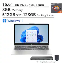HP - 15.6" FHD Touch Laptop,AMD Ryzen 5 7520U,Intel UHD Graphics,8GB RAM,512GB SSD+160GB Dock Station,Win 11 Home - Silver