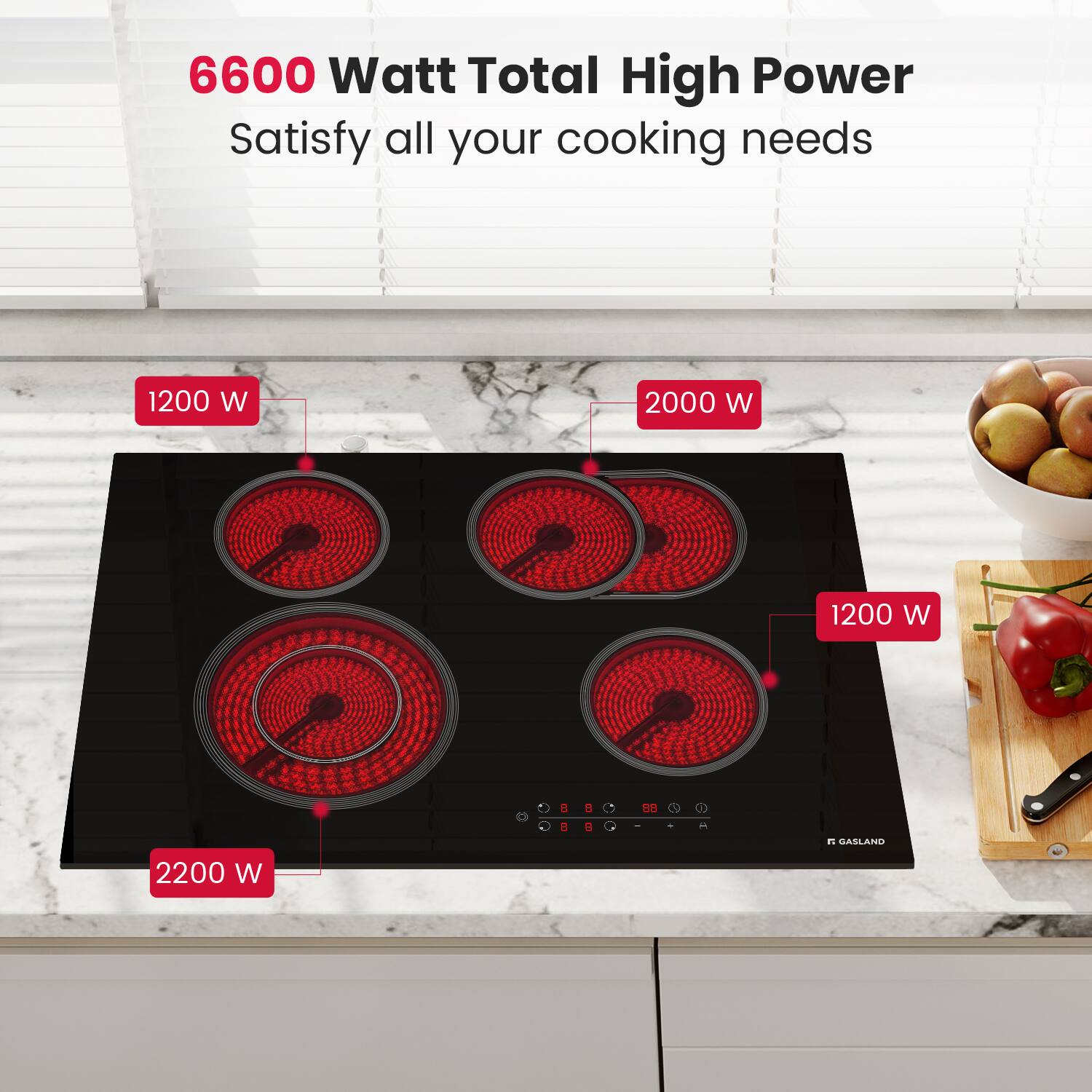 6600 Watt Total High Power  
Satisfy all your cooking needs  

1200 W  
2000 W  
2200 W  
1200 W  

GASLAND