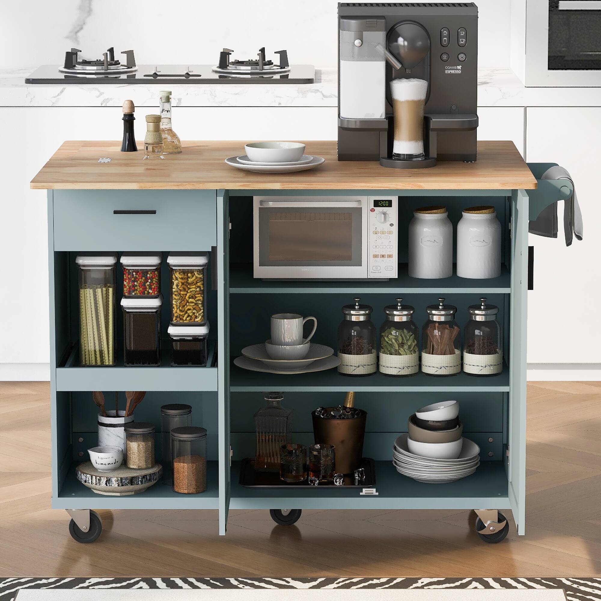 PexFix - Kitchen Island with Foldable Top & Slide-Out Shelf - Rolling Cart with Drawer, Towel Rack & Lockable Wheels - Gray
