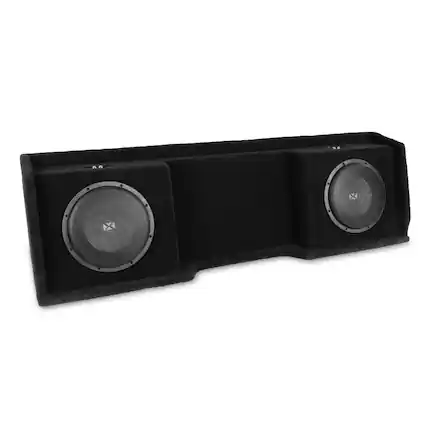 Front. NVX - Custom Fit 700W RMS Dual 10in Sealed Loaded Down Firing Subwoofer Enclosure for 1999-2006 Chevrolet Silverado and GMC.