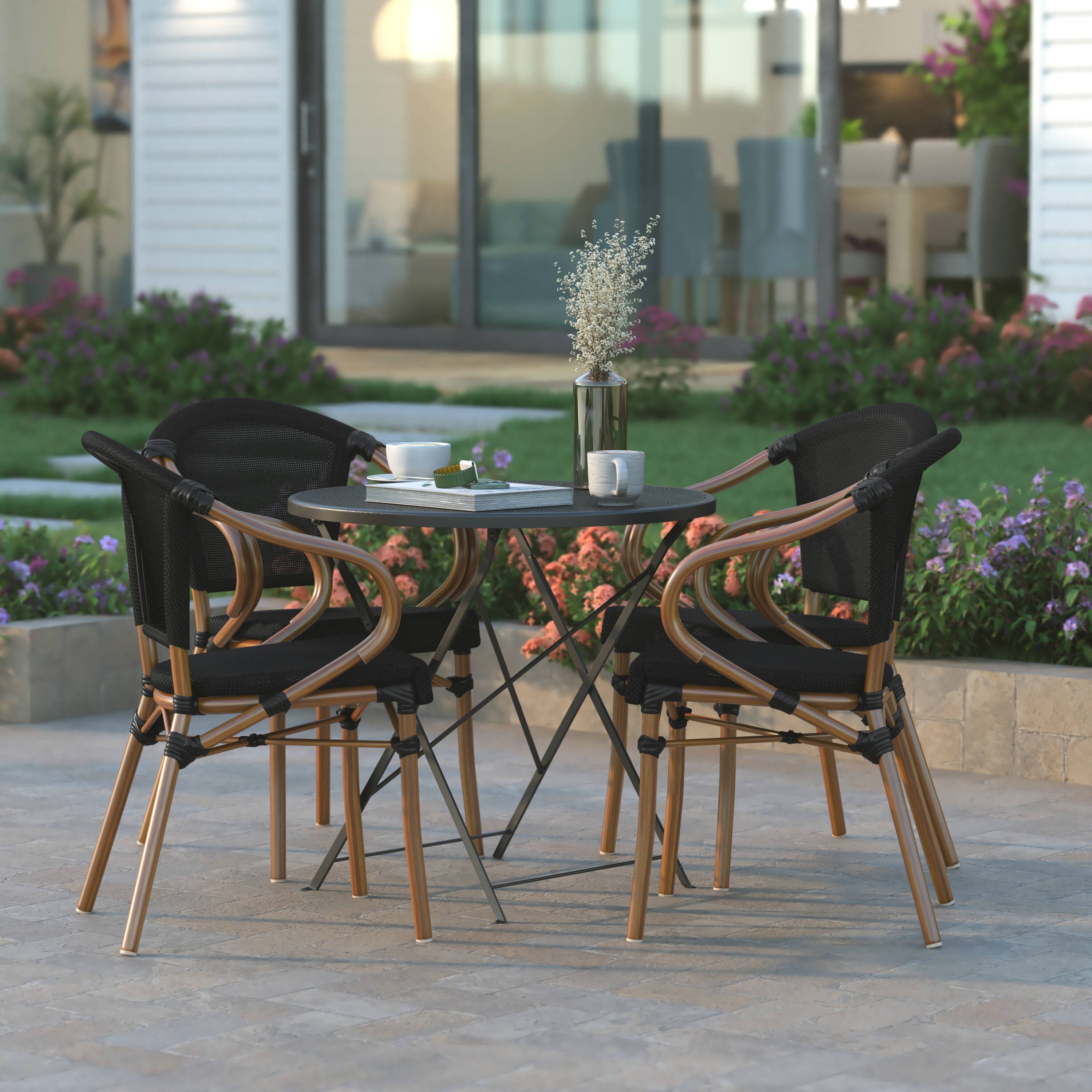 Alt View 4. Emma + Oliver - 4 Pack Stacking Bistro Chair with Bamboo Print Metal Frame - Black/Natural Frame.