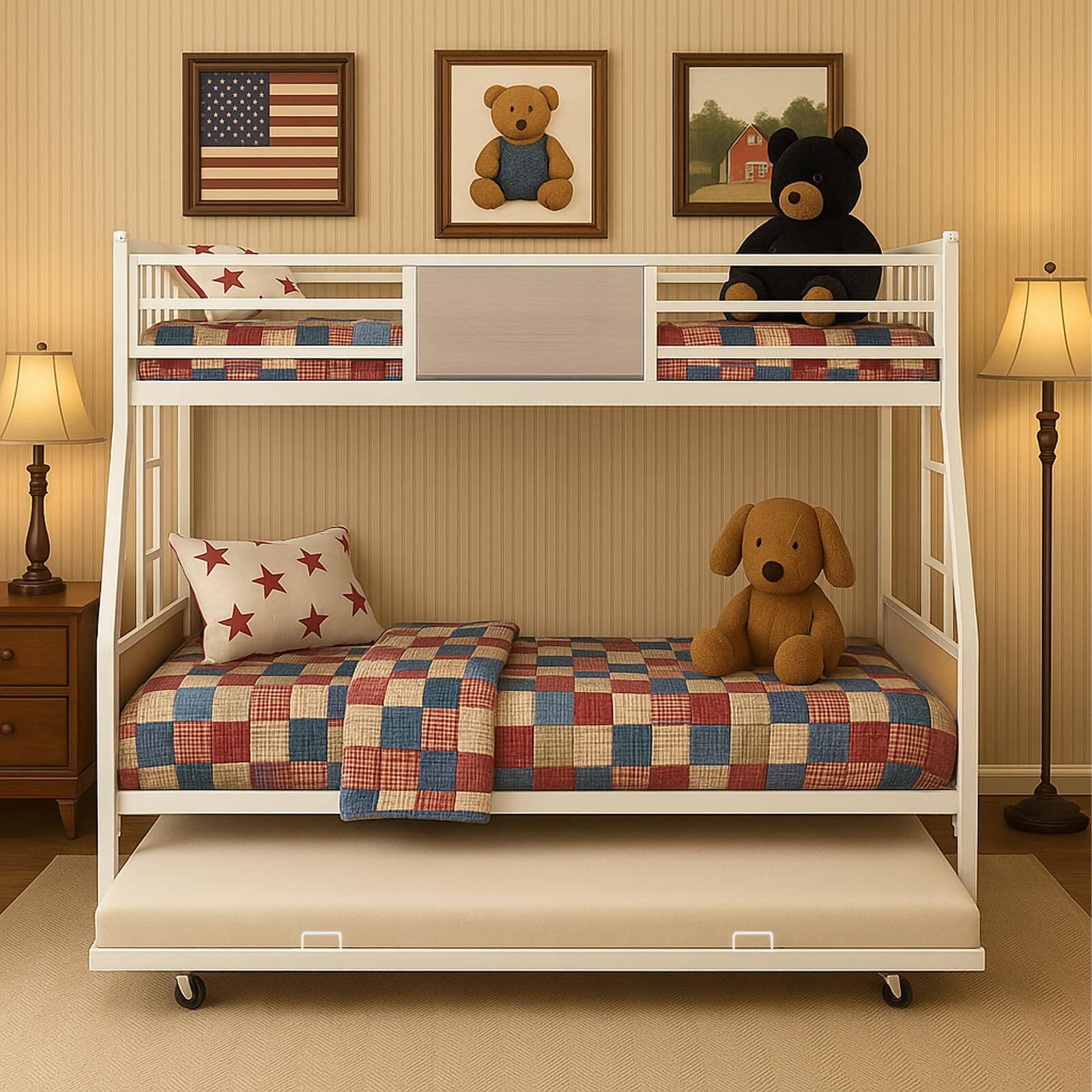 Alt View 4. Ecooso - Metal Twin over Full Bunk Bed with Trundle/Noise Reduced/ Safety Guardrail/ Bunk Bed for Three/ CPC Certified - White.