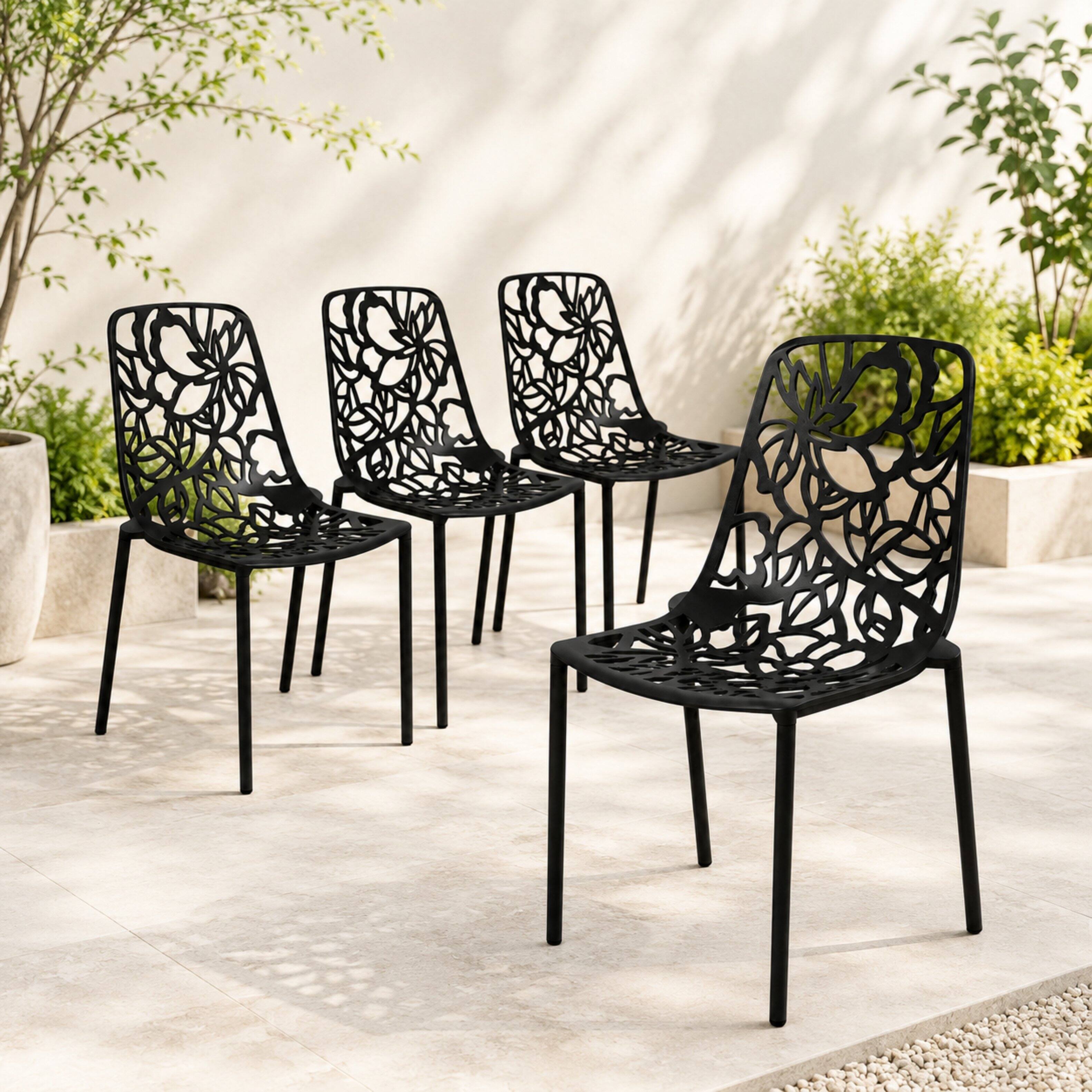 Angle. LeisureMod - Devon (Set of 4) Modern Floral Stackable Aluminum Chair - Weather Resistant Indoor/Outdoor Dining Chair - Black.