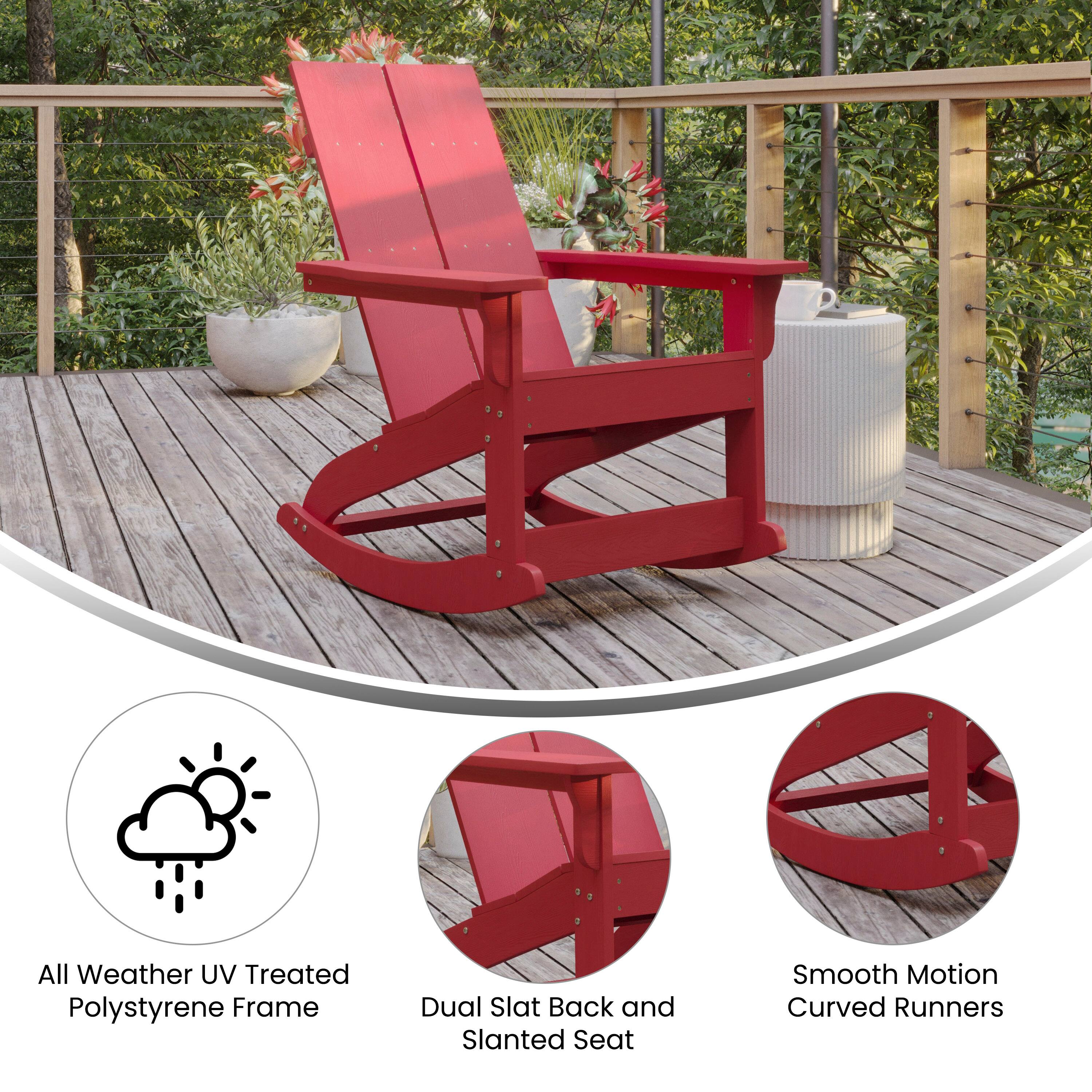 All Weather UV Treated Polystyrene Frame  
Dual Slat Back and Slanted Seat  
Smooth Motion Curved Runners