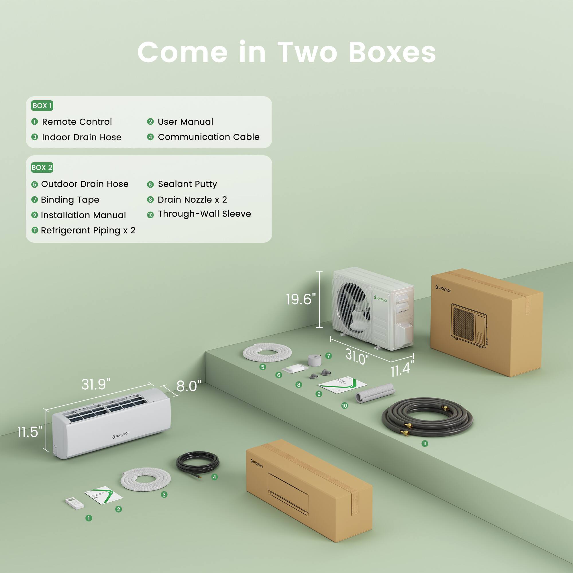 Come in Two Boxes

BOX 1
1. Remote Control
2. User Manual
3. Indoor Drain Hose
4. Communication Cable

BOX 2
5. Outdoor Drain Hose
6. Sealant Putty
7. Binding Tape
8. Installation Manual
9. Drain Nozzle x 2
10. Through-Wall Sleeve
11. Refrigerant Piping x 2