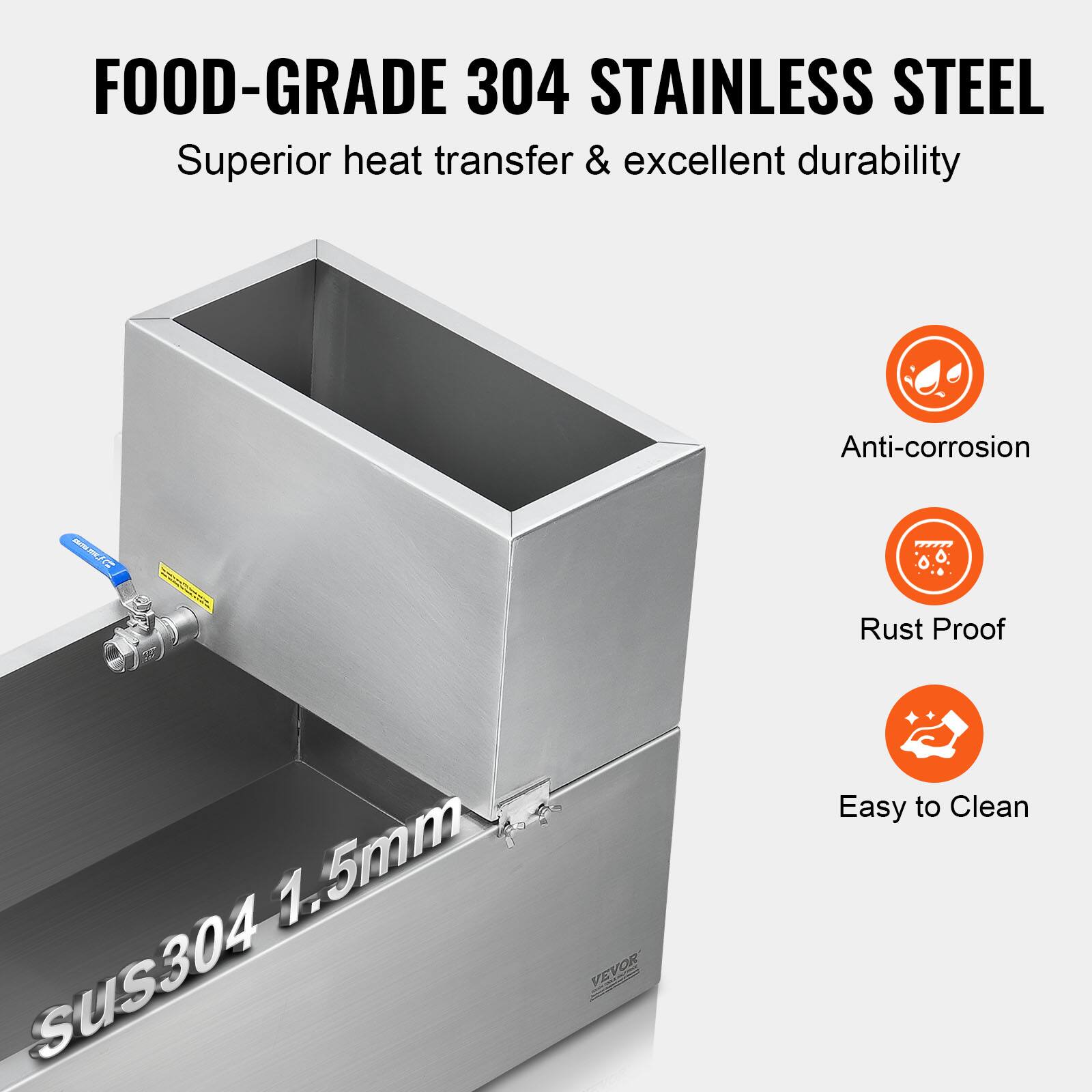 FOOD-GRADE 304 STAINLESS STEEL  
Superior heat transfer & excellent durability  

Anti-corrosion  
Rust Proof  
Easy to Clean  

1.5mm sus304