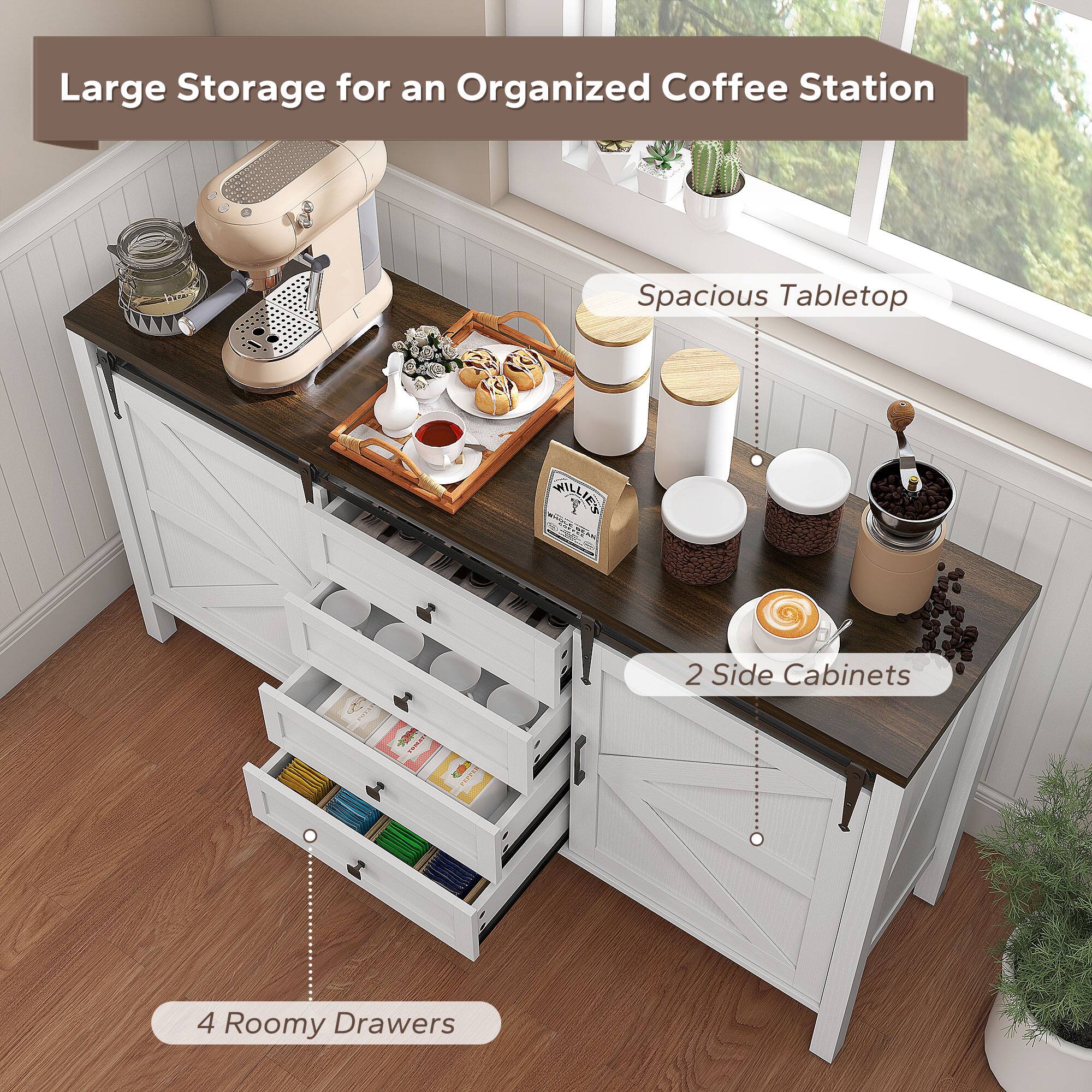 Large Storage for an Organized Coffee Station, Spacious Tabletop, 2 Side Cabinets, 4 Roomy Drawers