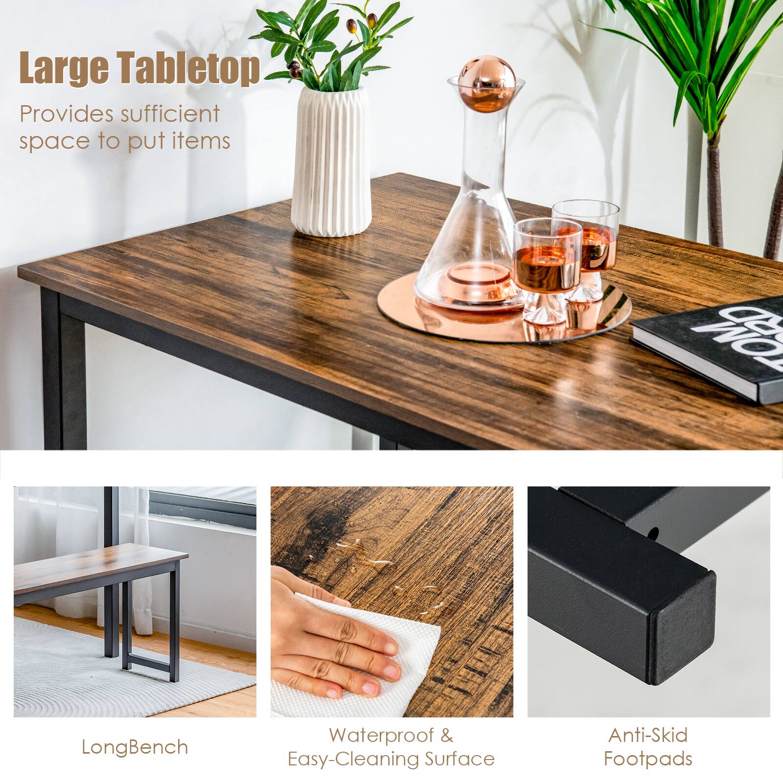 Large Tabletop, LongBench, Waterproof & Easy-Cleaning Surface, Anti-Skid Footpads