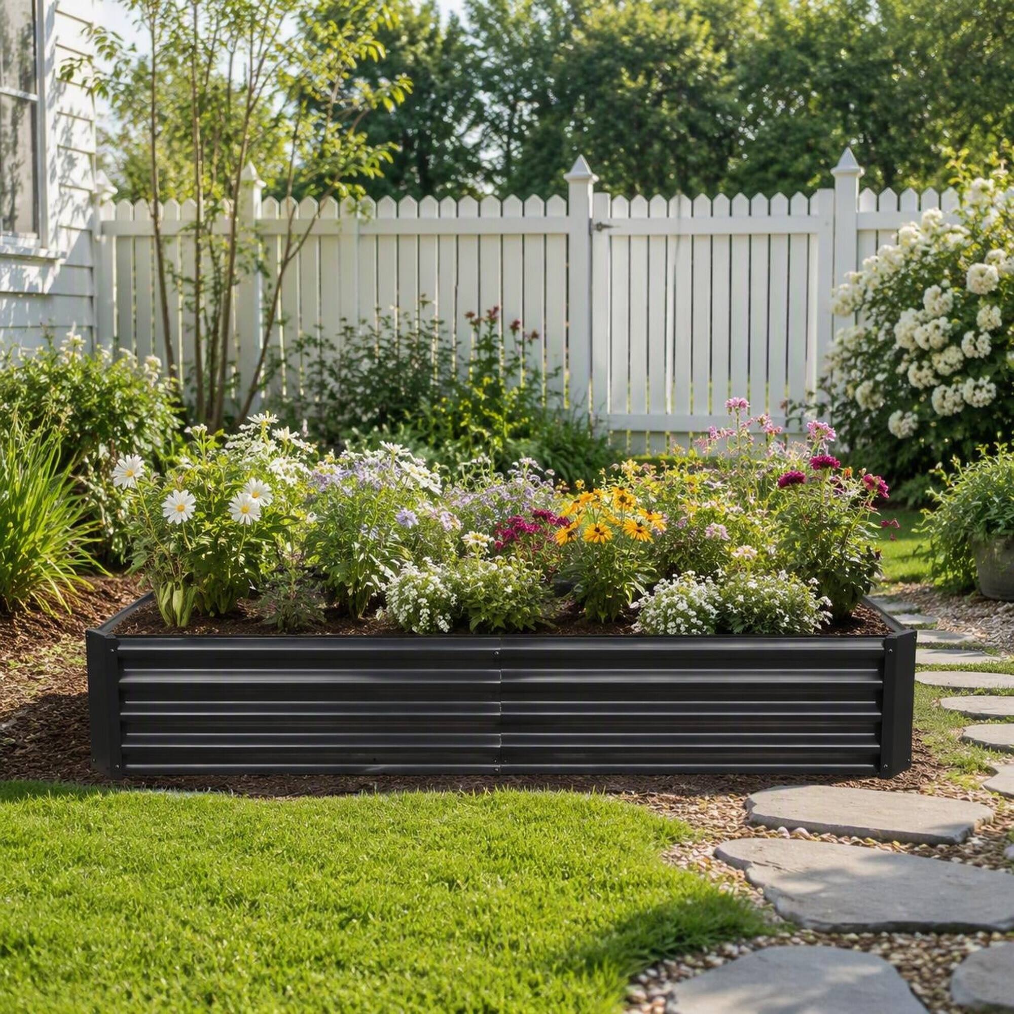 Back. RYHNUYNE - Metal Raised Garden Bed 6x3x1 ft Outdoor Black Rectangle Planter for Vegetables Flowers with Open Base Drainage - Black.