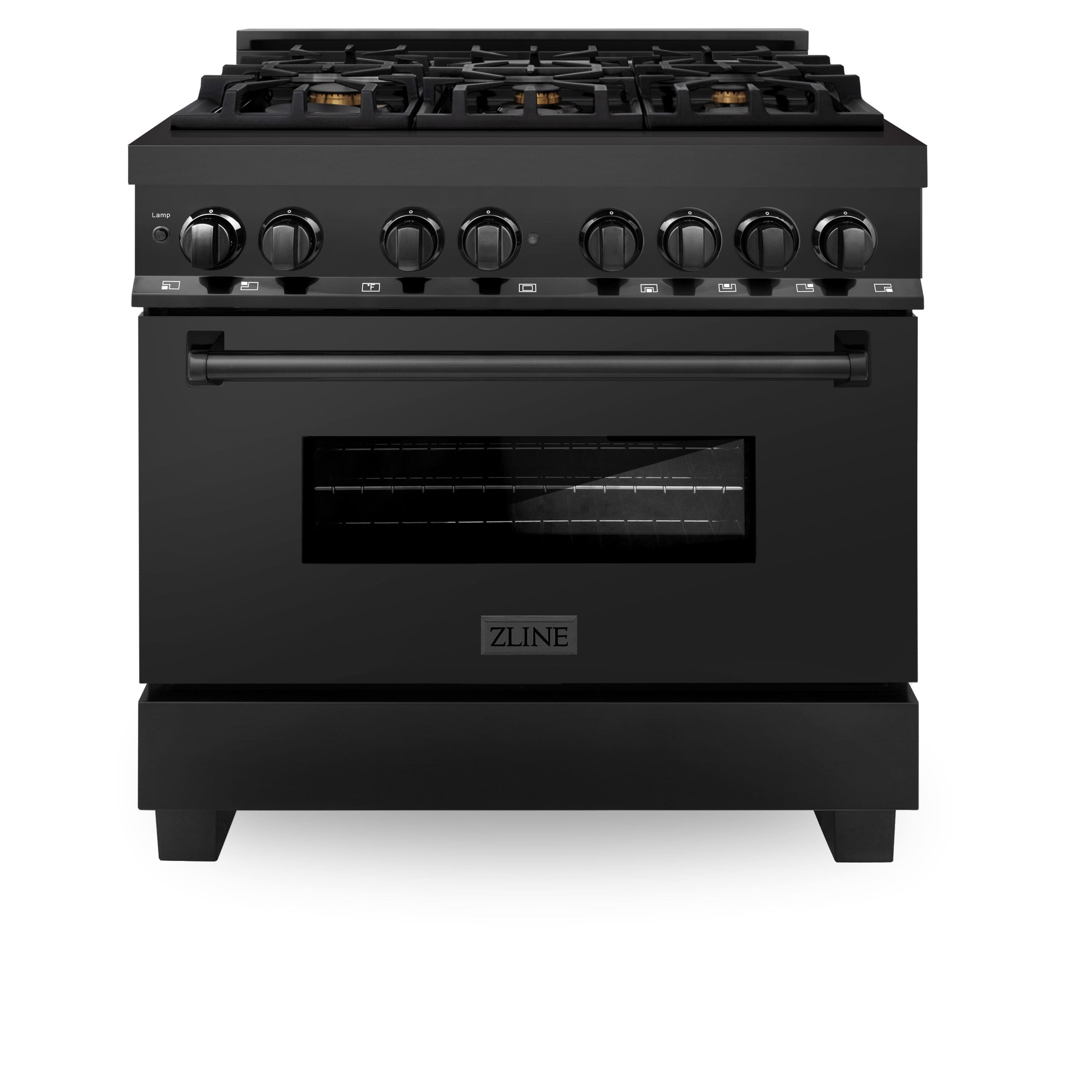 36 in. 4.6 cu. ft. Freestanding Legacy Dual Fuel Range with Gas Cooktop in Black Stainless Steel & 6 Brass Burners Front