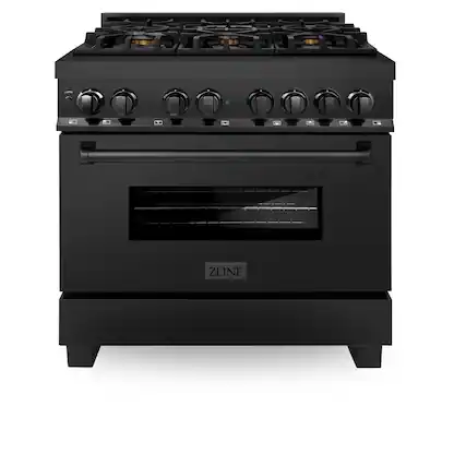 Front. ZLINE - 36 in. 4.6 cu. ft. Freestanding Legacy Dual Fuel Range with Gas Cooktop in Black Stainless Steel & 6 Brass Burners - Black Stainless Steel.