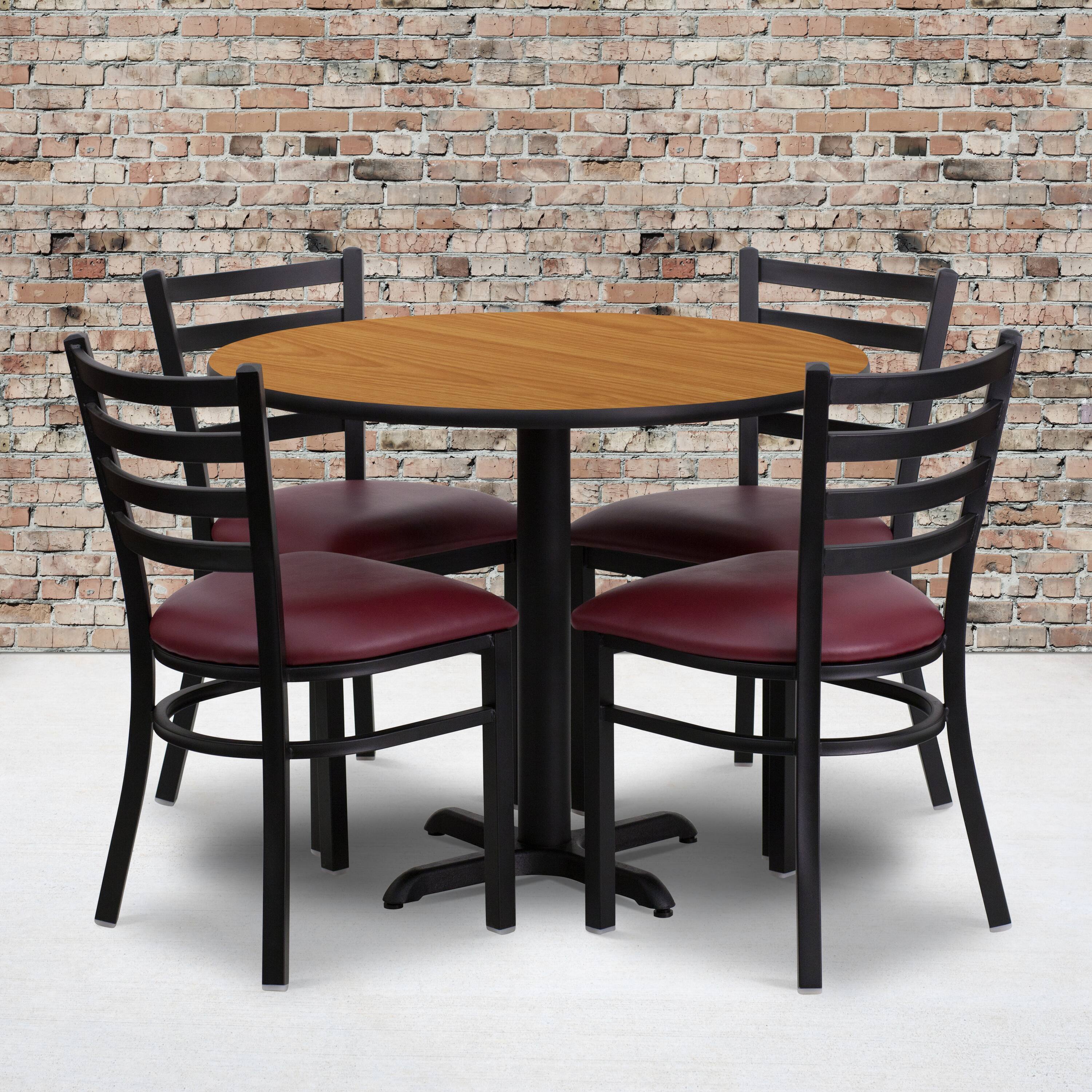 Alt View 1. Emma + Oliver - 36" Round Laminate X-Base Table Set with 4 Ladder Back Chairs - Natural Top/Burgundy Vinyl Seat.