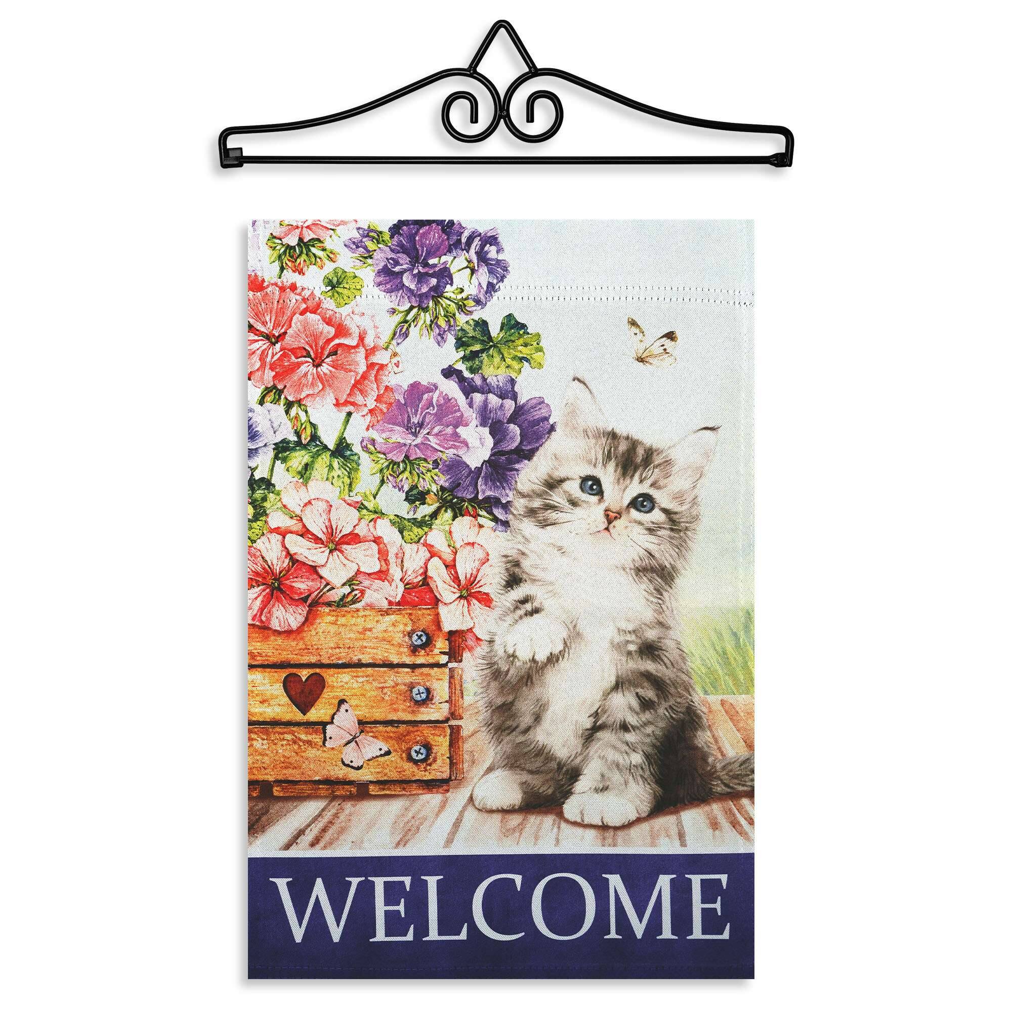 Front. G128 - Combo Garden Flag Hanger 14.2 in with 12x18 in Double-Sided Welcome Kitten Flag - Multicolor.