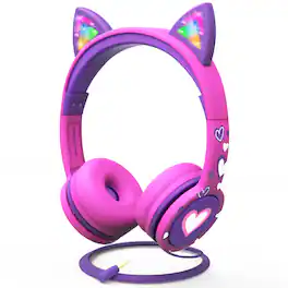 FosPower - Kids Headphones Wired, Over Ear Headphones for Kids with Cord, Cat Headset 3.5mm, Light Up LED Cat Ears, Pink/Purple - Multicolored