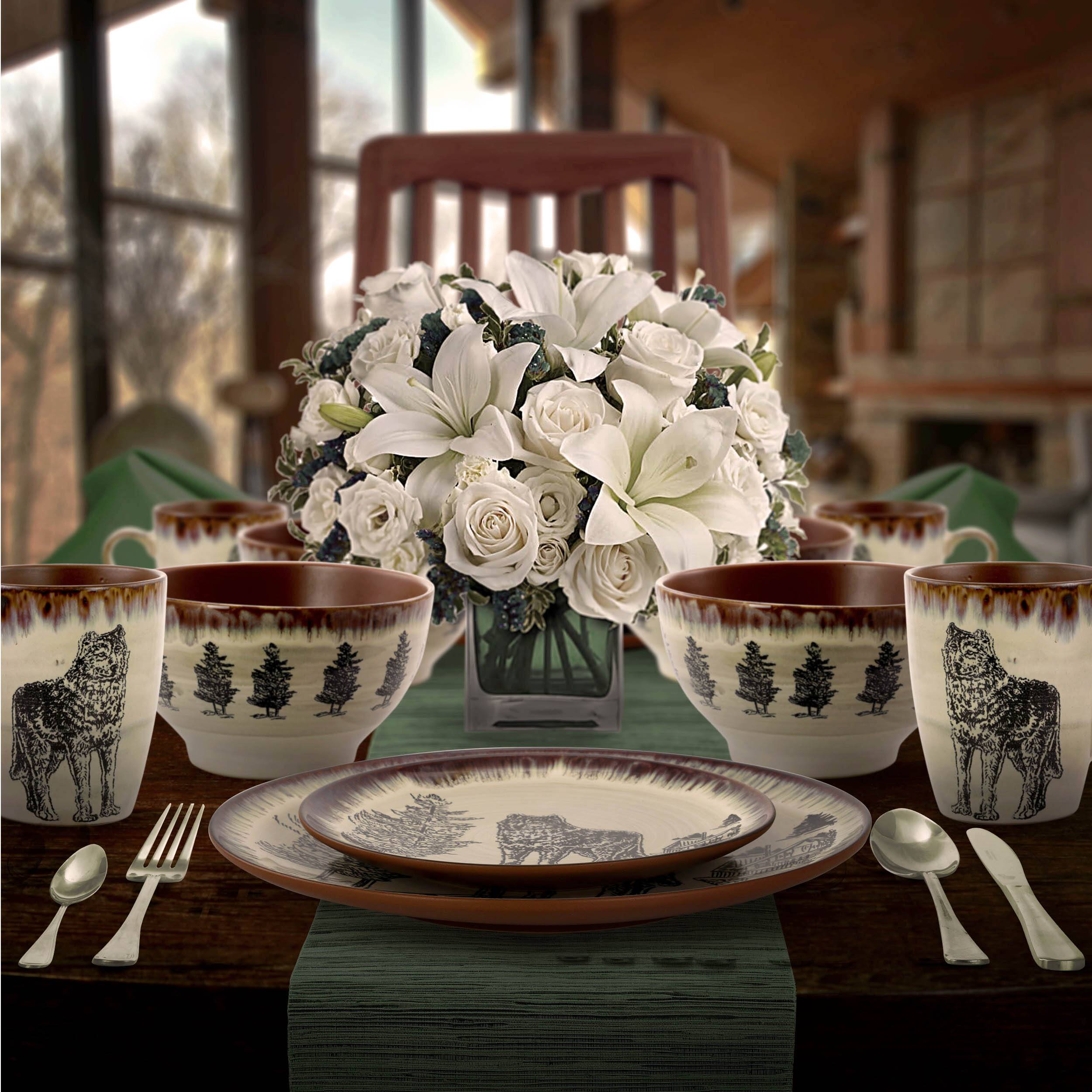 Alt View 7. Elama - Elama Majestic Wolf 16 Piece Luxurious Stoneware Dinnerware with Complete Setting for 4 - Taupe and Brown.