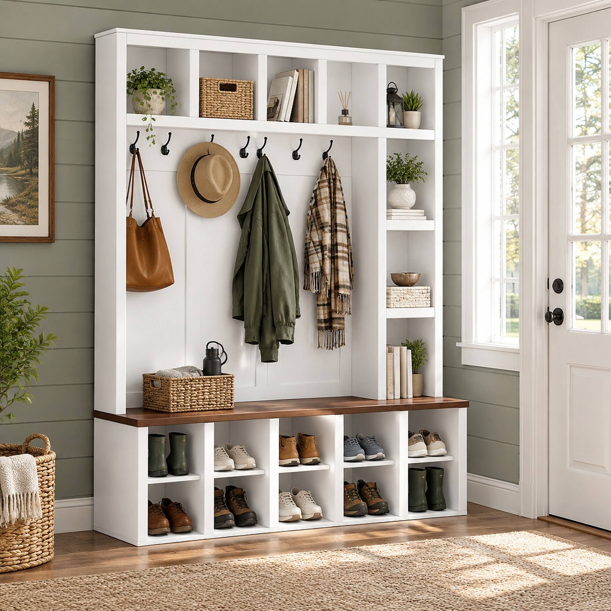 RYHNUYNE Farmhouse Hall Tree, 4 in 1 Entryway Shoe Cabinet, Walnut ...