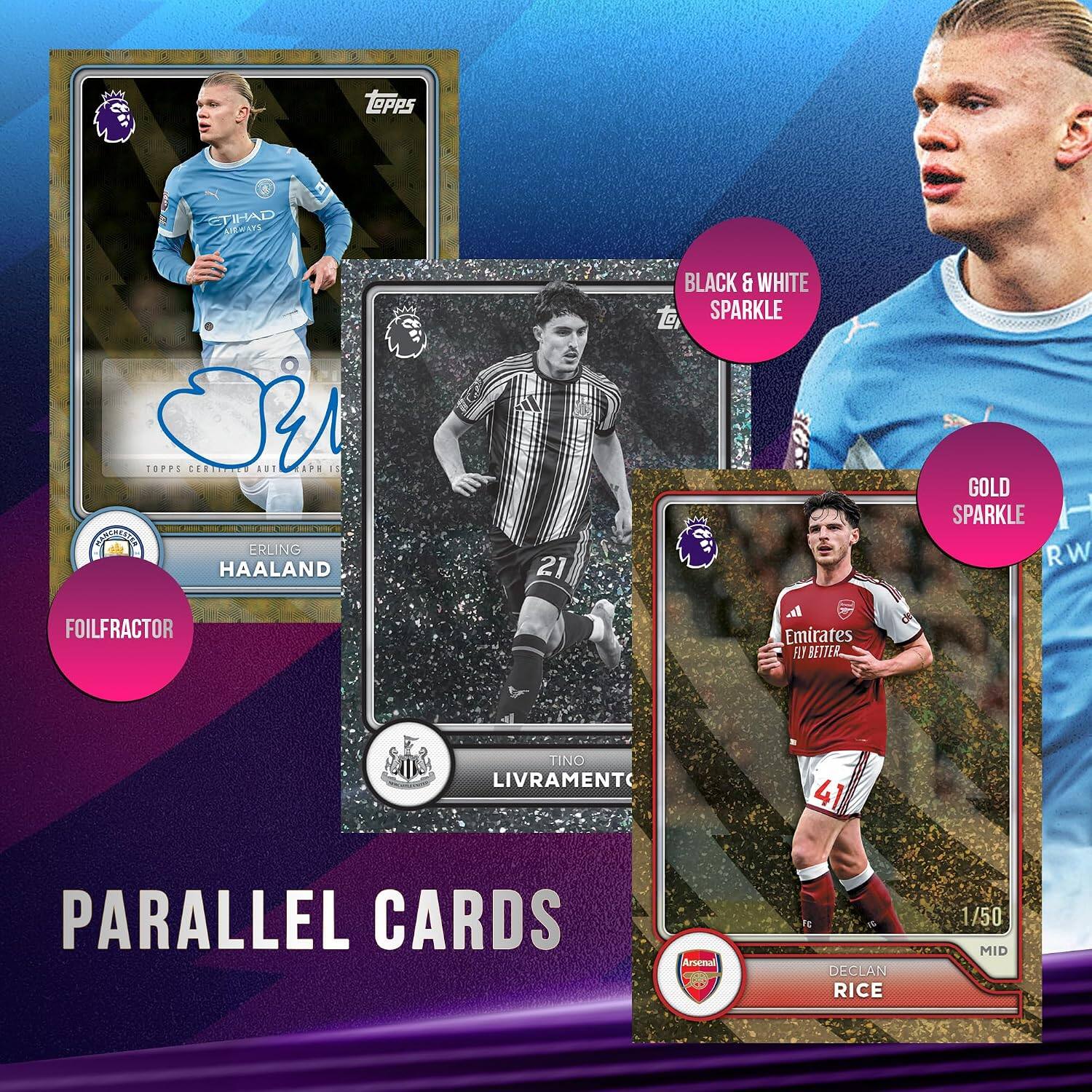 LOPPS  
ETIHAD AIRMAYS  
TOPPS Oli CERTIFIED AUT APH IS SUBSCRASSTE ERLING HAALAND  
21  
BLACK & WHITE SPARKLE Lo  
GOLD SPARKLE RW  
FOILFRACTOR  
Emirates FUX BETTER  
2  
TINO LIVRAMENTO  
41  
PARALLEL CARDS  
Arsenal  
DECLAN RICE  
1/50 MID
