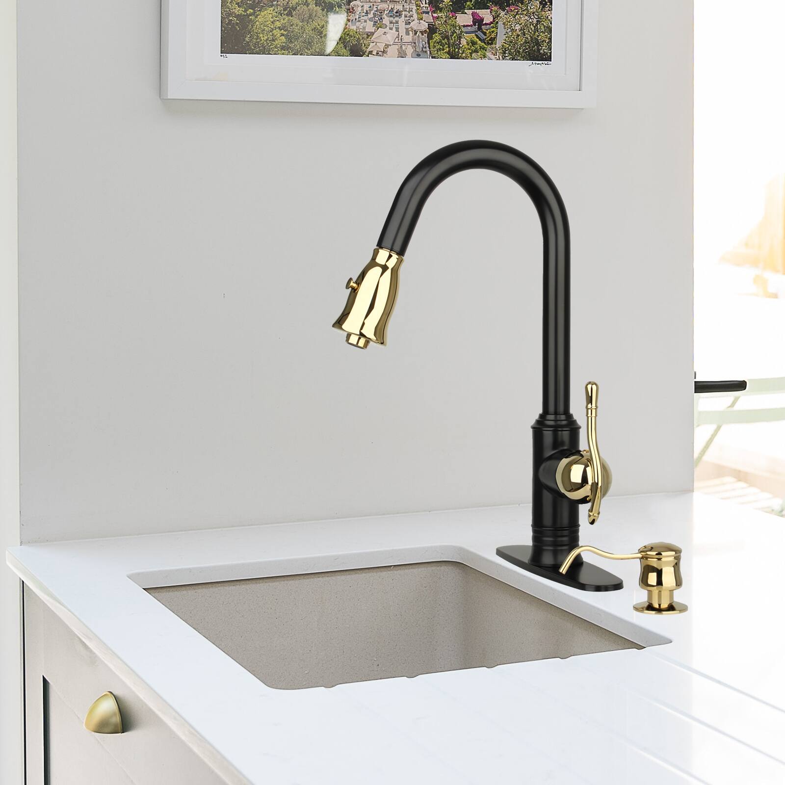 Alt View 7. Akicon - Akicon Solid Brass Single Handle Kitchen Faucet with Pull Down Sprayer in Matte Black & Gold - Matte Black & Gold.