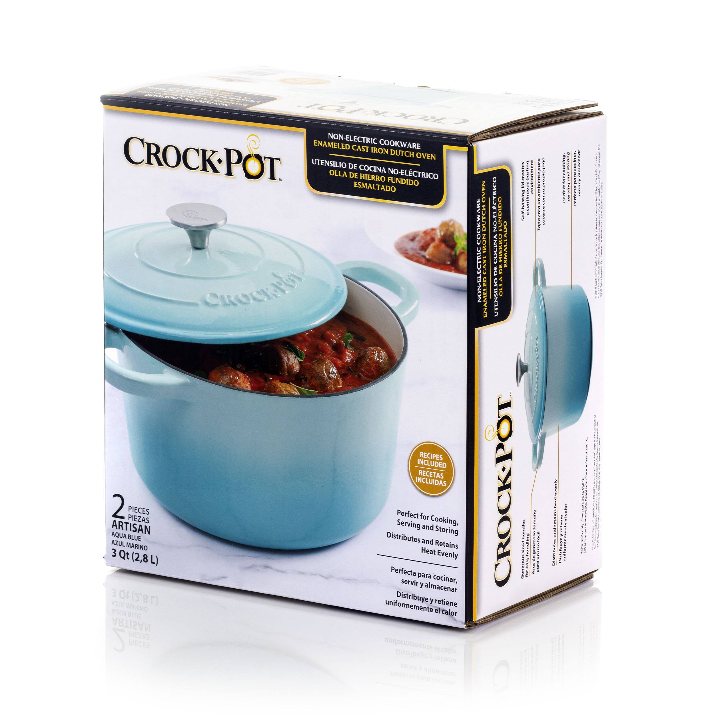 Crock-Pot Chocktol Enamelled Non-Electric Cast Iron Dutch Oven Pot. Utensilio de cocina Ollas de hierro no-eléctrico I I esmaltado fundido. Milu Oven I | EMWARI TOUID NELELEL PROIC ALPO socus LULINA -RIN ESMALIAL ELIRA CAST S 2 : aida  PULSTE EPAMEL UTERISLK RECIPES INCLUDED RECETAS INCLUIDAS 3 AQUA ARTISAN NtUL 2 Qt MAKINO PIECES BLUS PIEZAS (2,8 L) Distributes Perfecta Serving Perfect servir para y for Heat and and almacenar Cooking. cocinar, Storing Retains Evenly CROCK-POT! 3 10 87) Distribuye THDE  Y retiene TO as - uniformemente et calor aT MAZITRA SYZAd 5123d u 1 Deunhe% Cp us A Mt T S ee i i pp! I | I : i i 1 I | ! 1 !