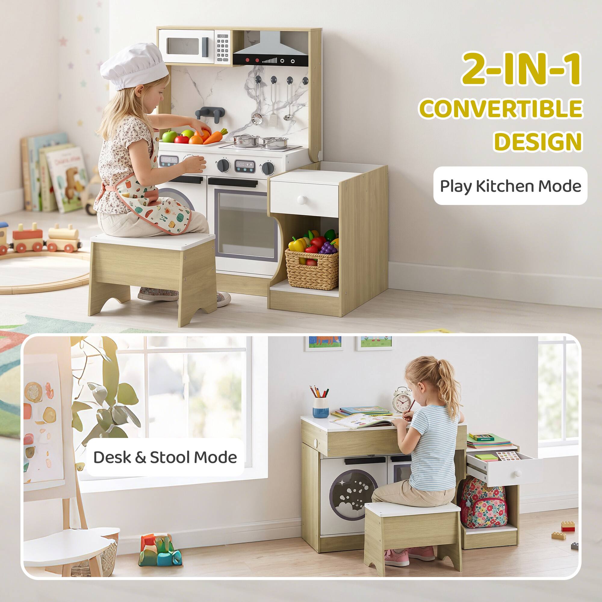 2-IN-1 CONVERTIBLE DESIGN

Play Kitchen Mode

Desk & Stool Mode