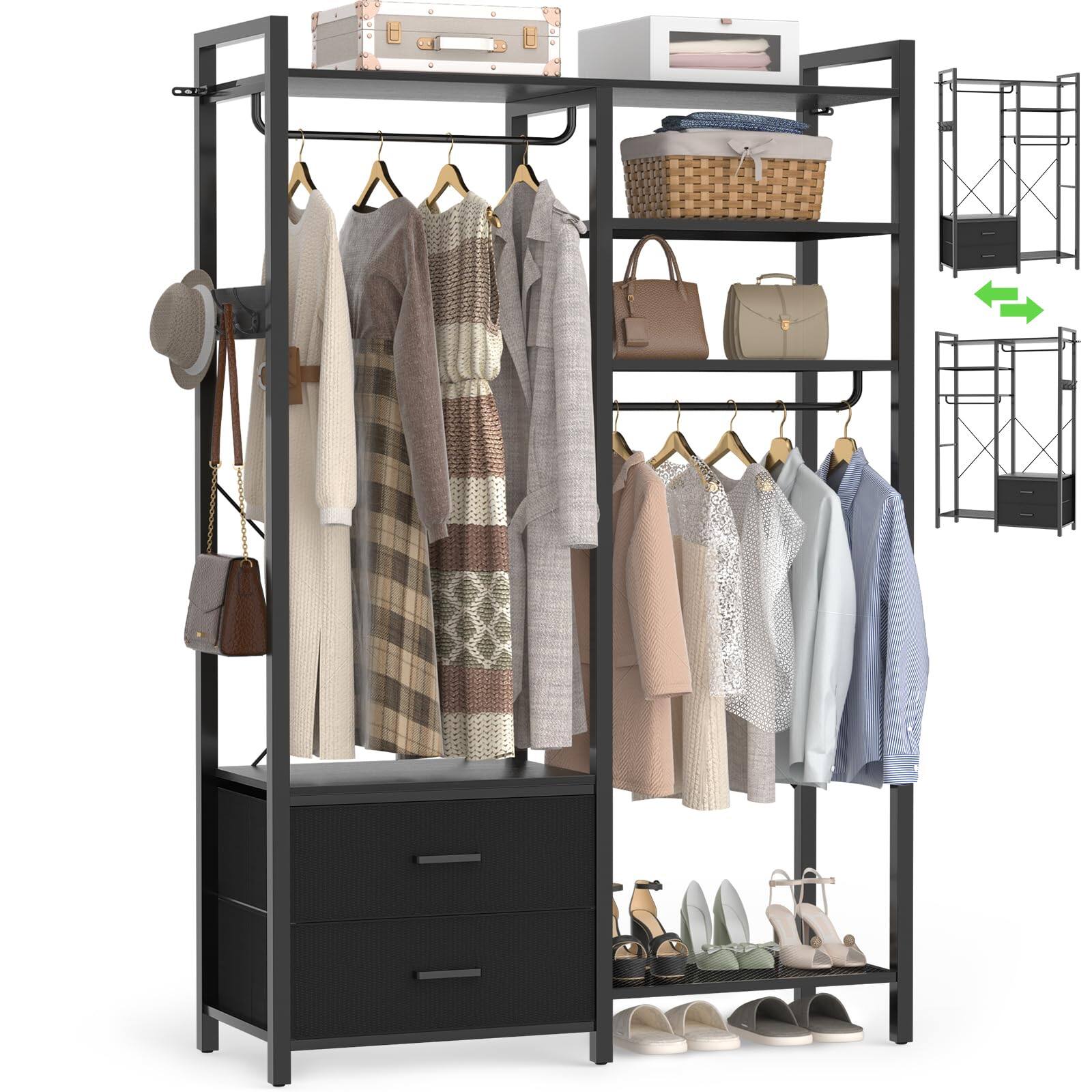 Left. Aheaplus - 6-Tier Heavy-Duty Clothes Rack / Reversible Shelves & 2 Drawers - Space-Saving Freestanding Closet Organizer - Black.
