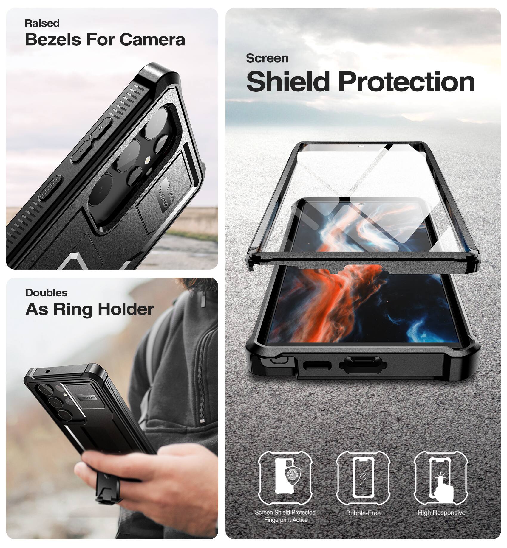 Raised Bezels For Camera, Screen Shield Protection, Doubles As Ring Holder, Screen Shield Protected, Fingerprint Active, Bubble-Free, High Responsive