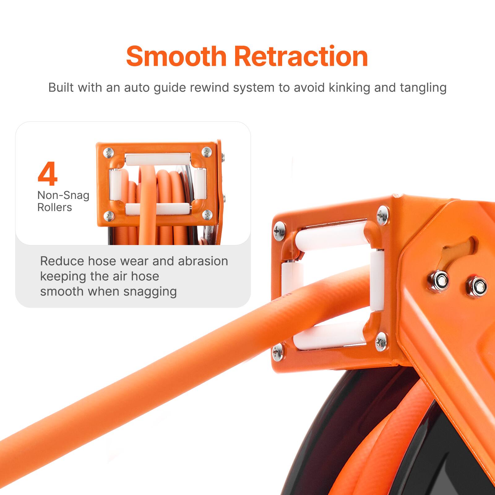 Smooth Retraction  
Built with an auto guide rewind system to avoid kinking and tangling  

4 Non-Snag Rollers  
Reduce hose wear and abrasion keeping the air hose smooth when snagging