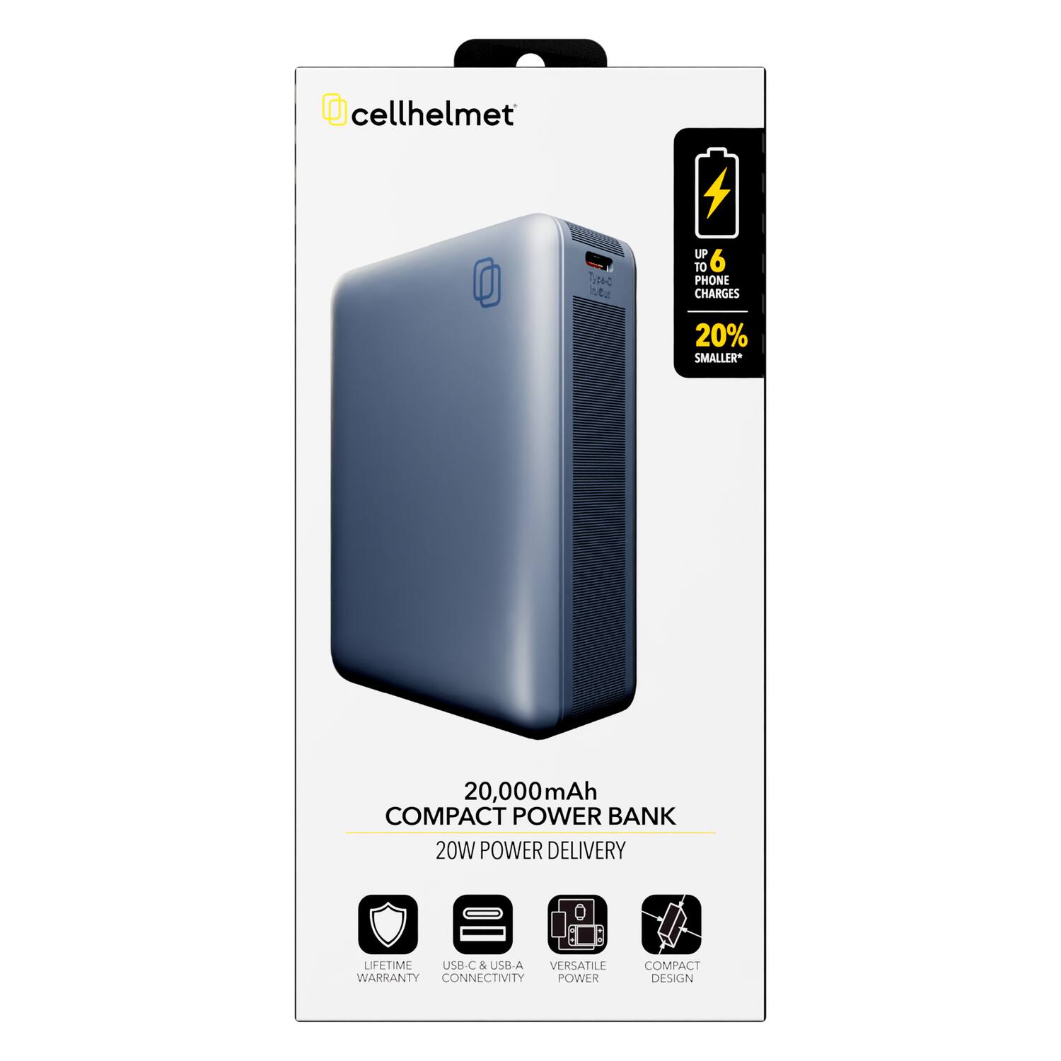 cellhelmet  
- UP TO 6 PHONE CHARGES  
- 20% SMALLER*  
- 20,000mAh COMPACT POWER BANK  
- 20W POWER DELIVERY  
- LIFETIME USB-C & USB-A VERSATILE CONNECTIVITY  
- COMPACT DESIGN