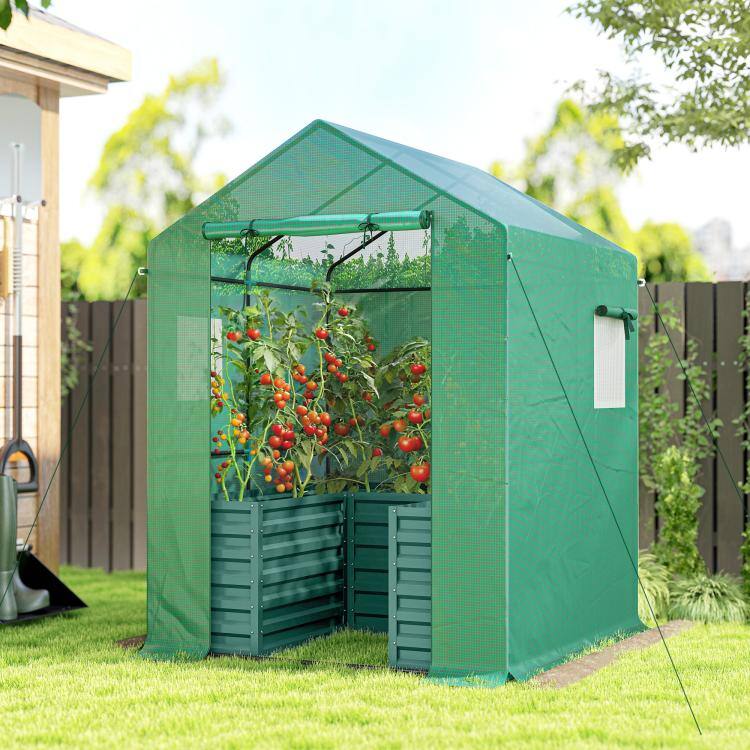 Alt View 1. PULUZ - Greenhouse with Raised Garden Bed, Galvanized Steel Outdoor Greenhouse with Roll Up Door - Green.